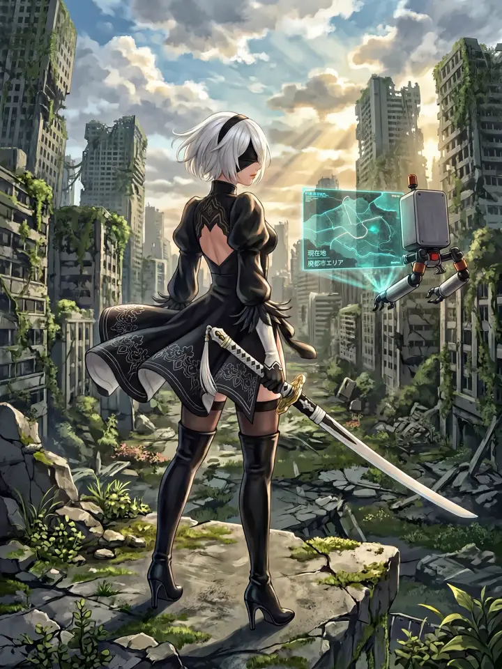 [Atmospheric Anime Art] 2B from NieR: Automata standing in a post-apocalyptic overgrown city ruin. (