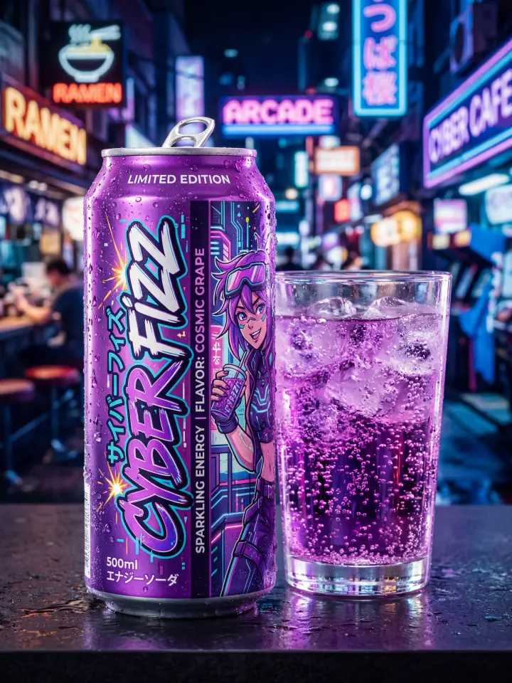 [Product Concept Art] A close-up promotional shot of a fictional soda can designed in anime style. T