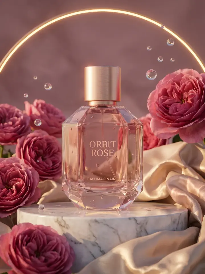 Create one polished, source-grounded creative image. Create a luxurious vertical perfume still life 