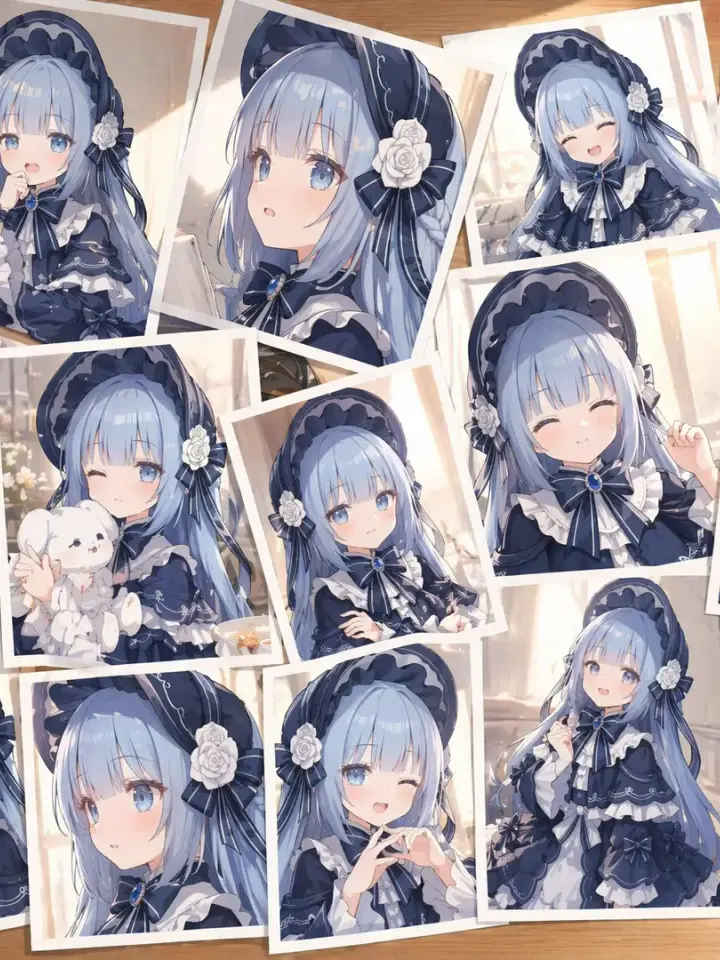 Based on the reference image, create a daily photo album for the character, presented in the form of