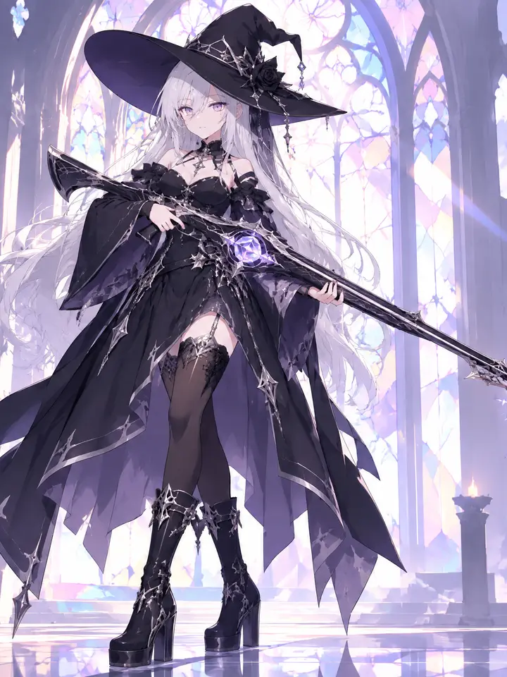 anime girl in a ruined stained-glass cathedral, silver-white hair, crimson-violet eyes, long magic r