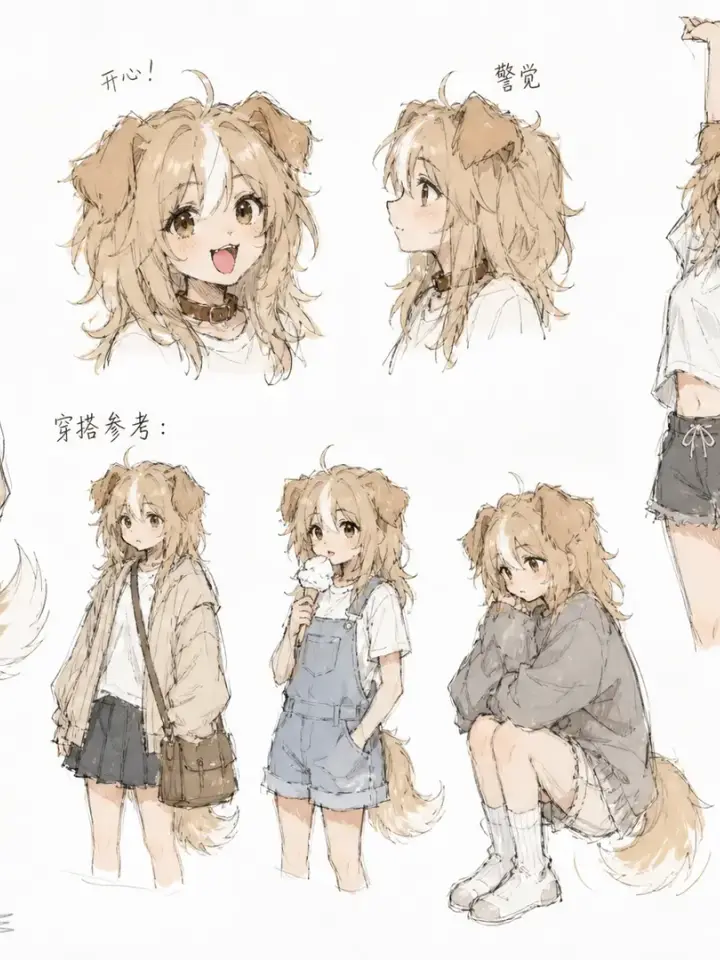 Feminize this dog (Golden Retriever Border Collie), setting illustration display, sketchy art style