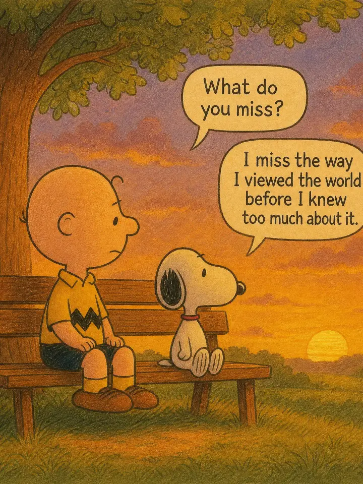 生成一幅温暖怀旧的手绘漫画分镜画面，使用例图中的 Snoopy 与 Charlie Brown 角色形象与黄昏长椅场景。
画面是一人一狗在夕阳下并肩坐在木长椅上的对话瞬间，情绪安静、略带惆怅。
一.画