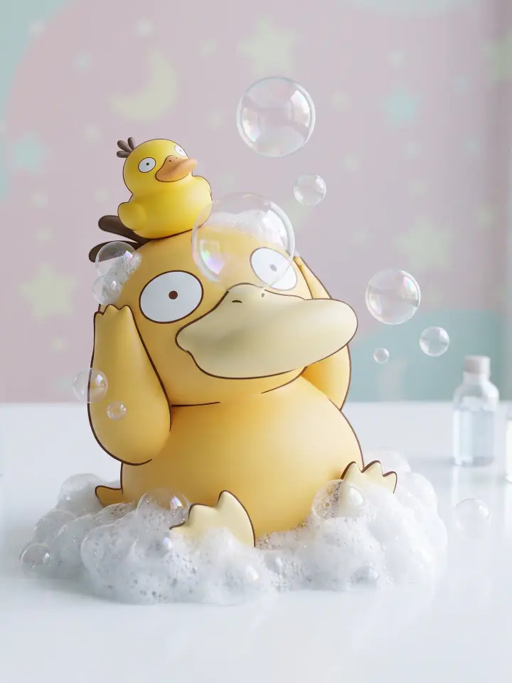 test structural probe, a small yellow rubber duck on a white table, soft light
