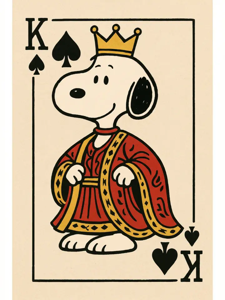 生成一张复古扑克牌插画，使用例图中的角色。
画面主体是史努比（Snoopy）扮演黑桃K，身着国王长袍头戴王冠，以扑克牌人头牌的正式格式呈现。
一.画面主体与动作
1.动作：史努比正面直立站姿，身体正对