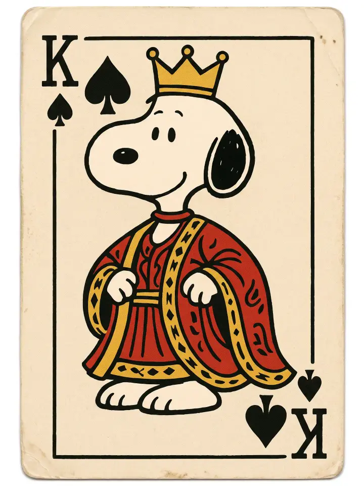 生成一张复古扑克牌插画，使用例图中的角色。
画面主体是史努比（Snoopy）扮演黑桃K，身着国王长袍头戴王冠，以扑克牌人头牌的正式格式呈现。
一.画面主体与动作
1.动作：史努比正面直立站姿，身体正对