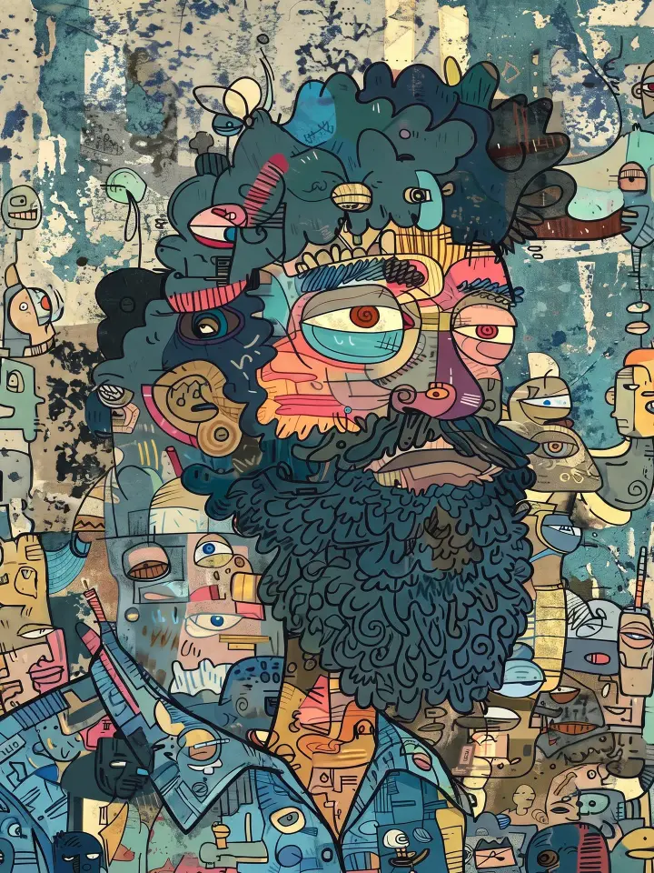 生成一幅极致密集的涂鸦艺术(doodle art)风格肖像插画,使用例图中的画风与构成方式。
画面主体是一个大胡子男性头像,其面部与全身由数以百计的小型独立涂鸦角色、眼睛与几何图形密铺拼接而成。
一.