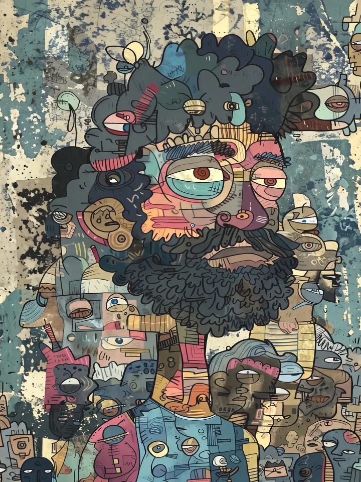 生成一幅极致密集的涂鸦艺术（doodle art）风格肖像插画，使用例图中的画风与构成方式。
画面主体是一个大胡子男性头像，其面部与全身由数以百计的小型独立涂鸦角色、眼睛与几何图形密铺拼接而成。
一.