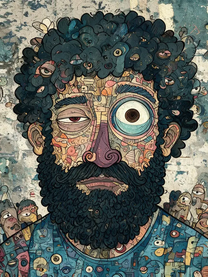 生成一幅极致密集的涂鸦艺术（doodle art）风格肖像插画，使用例图中的画风与构成方式。
画面主体是一个大胡子男性头像，其面部与全身由数以百计的小型独立涂鸦角色、眼睛与几何图形密铺拼接而成。
一.