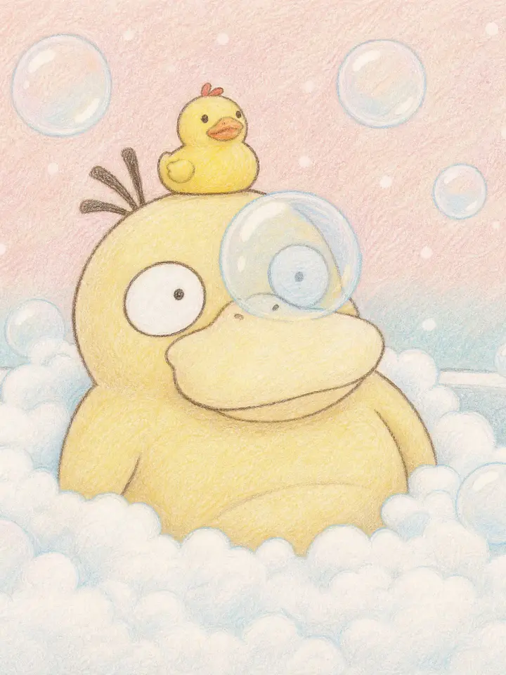 生成一幅柔和的手绘彩铅插画，主体是可达鸭（Psyduck）坐在浴缸的泡沫中洗澡，头顶顶着一只黄色小鸭子玩具，周围漂浮着透明肥皂泡。

一.画面主体与动作
1.动作：可达鸭为正面偏左四分之三角度的坐姿，