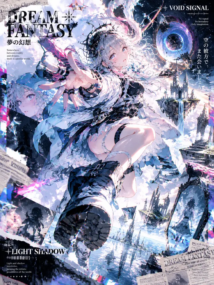 8K UHD质感的大场景日式幻想系海报画面，意识流超现实二次元世界，一名梦幻少女在扭曲的多维空间中高速跃起，肢体协调但动作夸张，动态特写视角与强烈透视，白色、灰色、蓝色、粉色、黑色为主色，局部加入高饱