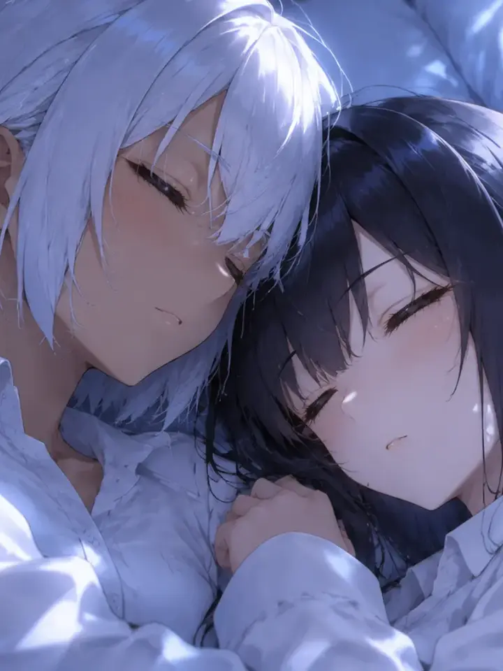 生成一张精美的二次元美少女游戏CG：
时间：夜晚
环境：少女闺房的床上
图1和图2人物相拥而眠，头靠头贴贴，没有盖被子，没有穿着身上的衣服，但是穿着长袖的白色衬衫内衬（没有颈部饰品），两人的睡相平静而