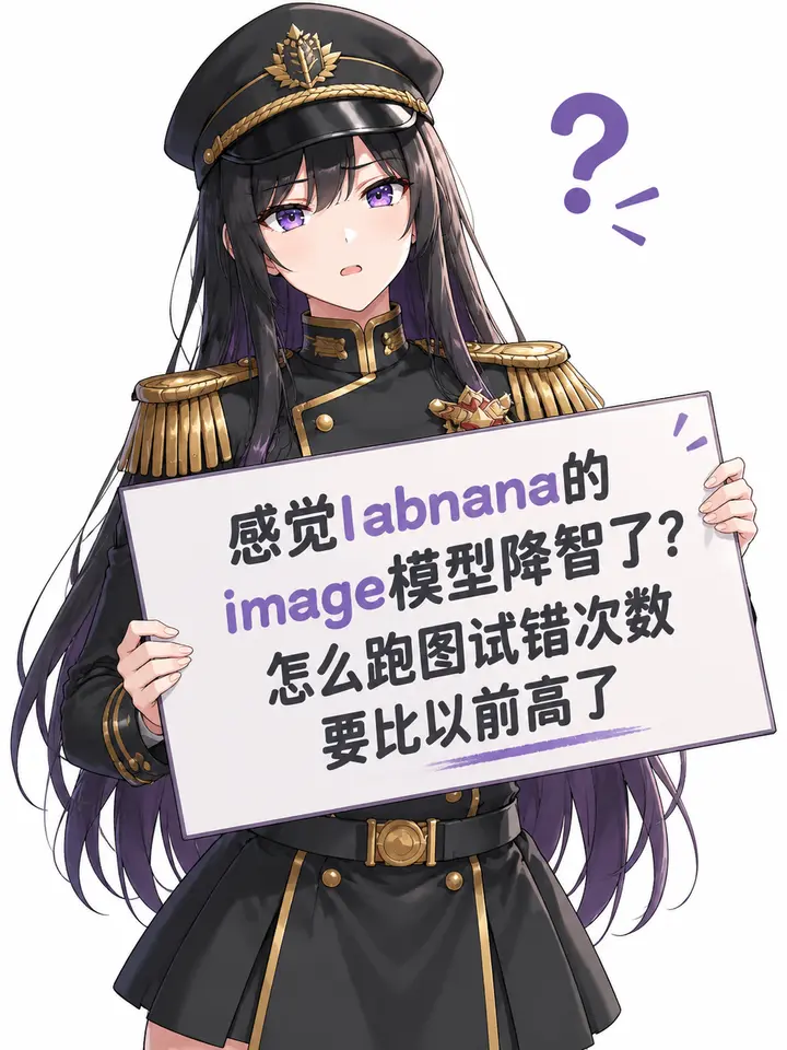 绘制一幅图，使用动漫画风。
纯白色背景，参考图角色表情疑惑，举着一块牌子，上面写着：“感觉labnana的image模型降智了？怎么跑图试错次数要比以前高了”。