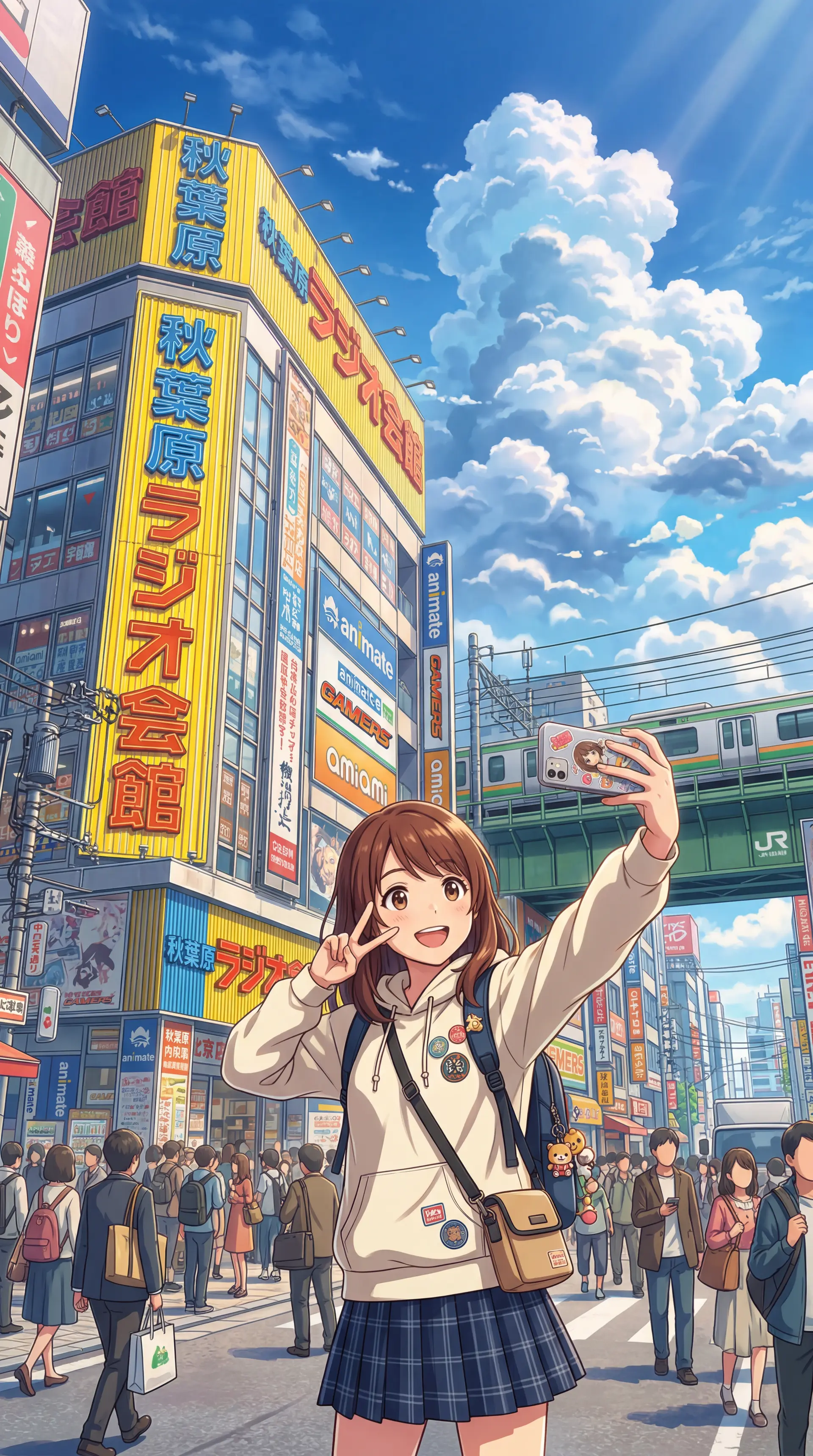 [Anime Style] 在東京現實世界的秋葉原無線電會館大樓前，一位動漫少女正在自拍。準確描繪大樓標誌性的黃色霓虹招