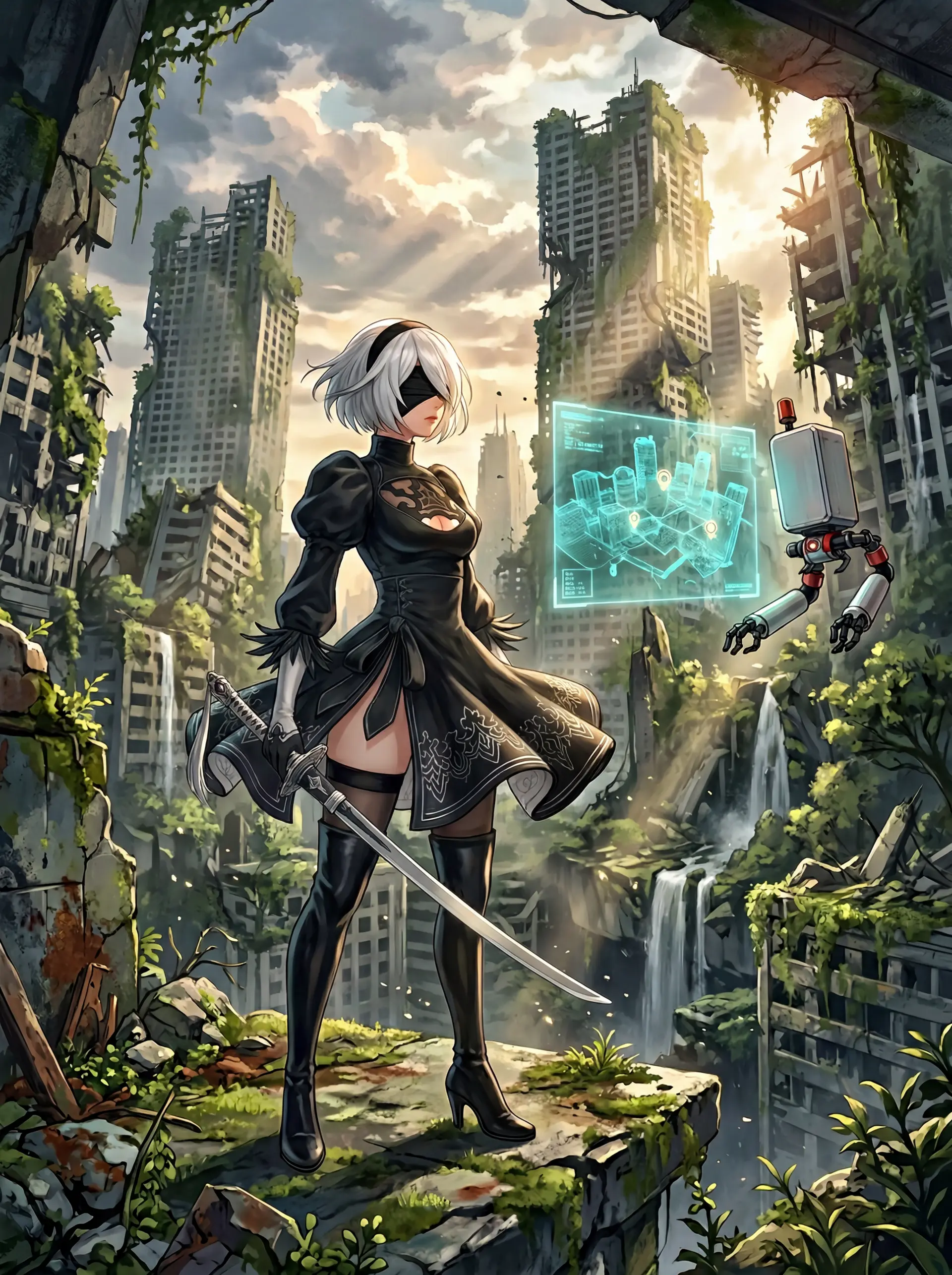 [Atmospheric Anime Art] 2B from NieR: Automata standing in a