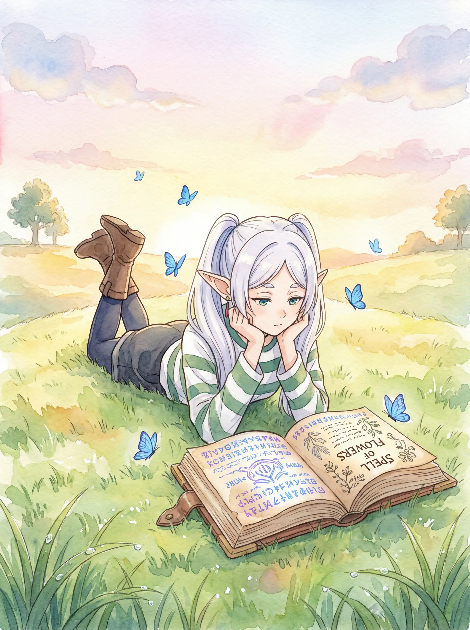 [Watercolor Anime Style] Frieren lying on a grassy hill at s