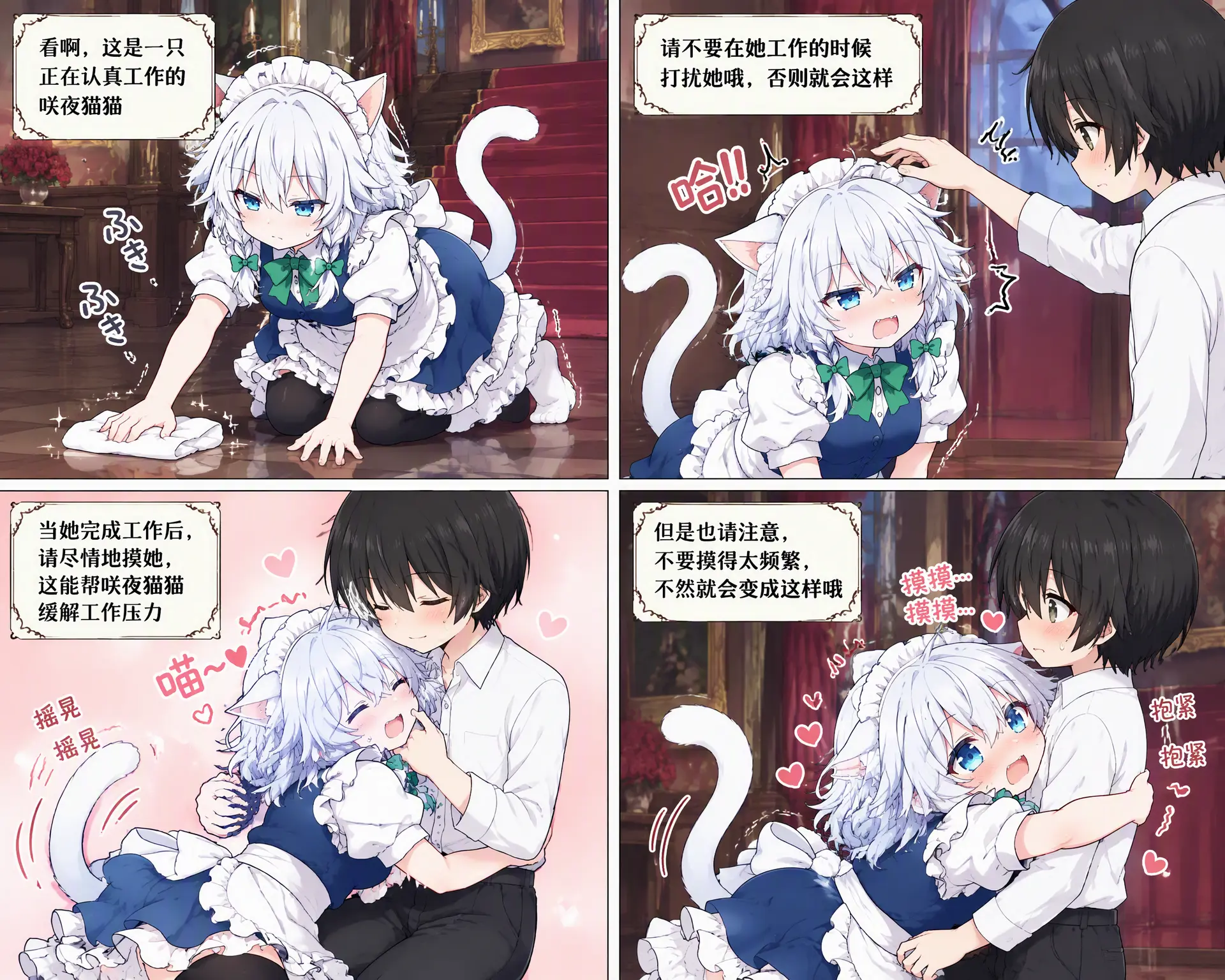生成漫画：场景在红魔馆内
第一格：图一角色正认真的半跪在地上用抹布擦地板，旁白：看啊，这是一只正在认真工作的咲夜猫猫
第