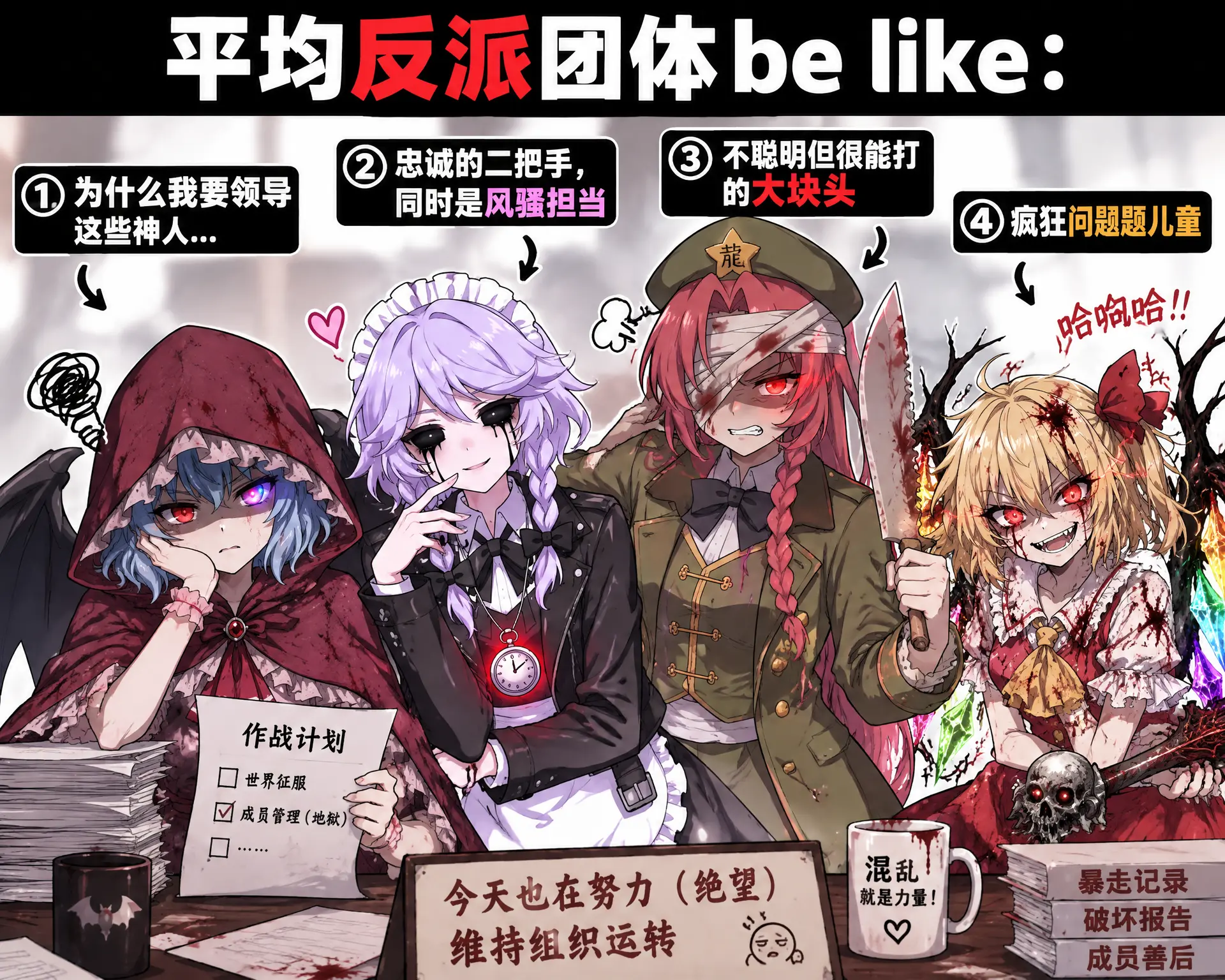生成一个梗图：
标题：平均反派团体be like：
①为什么我要领导这些神人...（图一角色）
②忠诚的二把手，同时是风