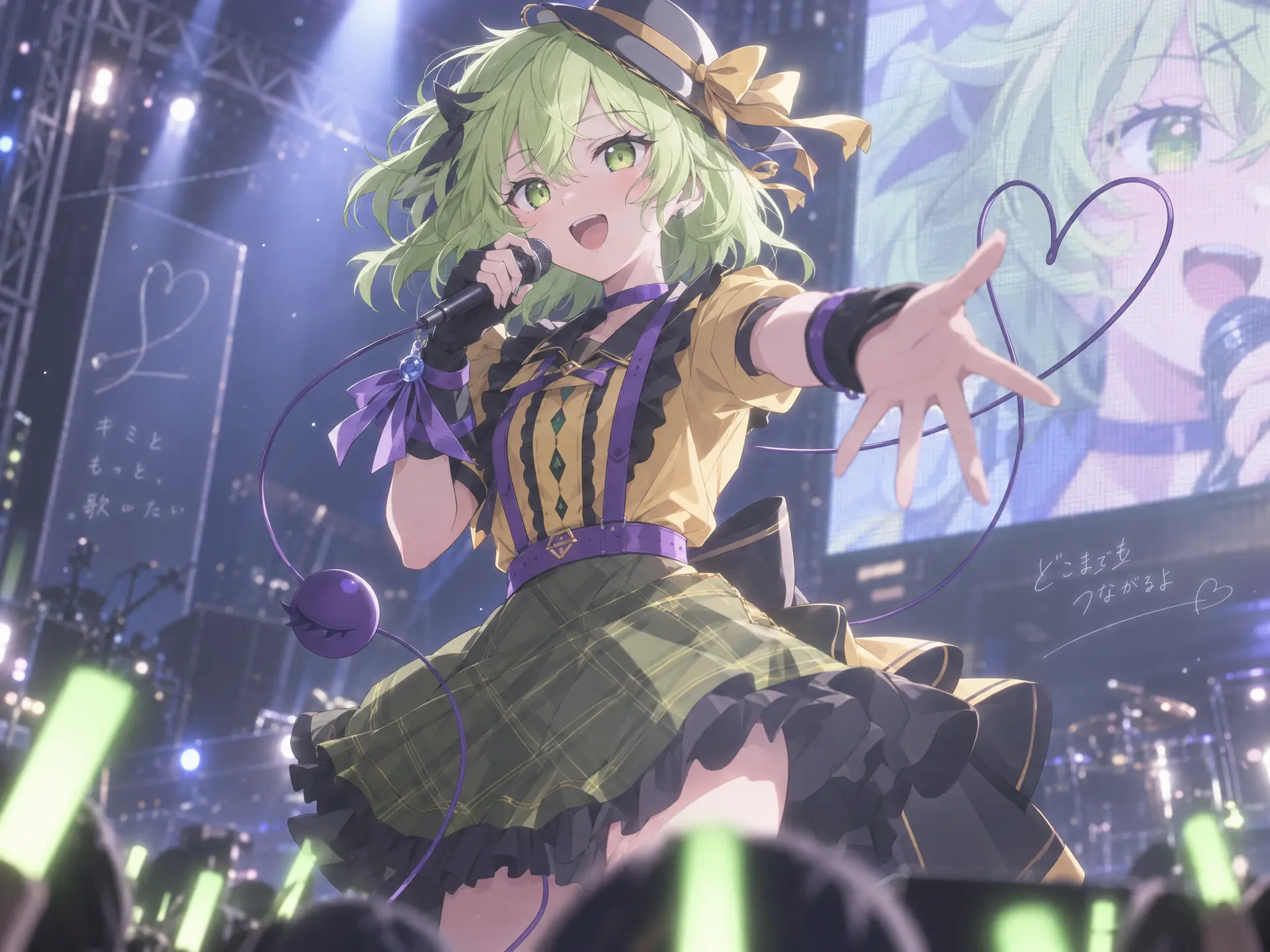 生成图一角色演唱的情景

现代日系音乐番动画美术风格，参考《BanG Dream! It’s MyGO!!!!!》的视觉