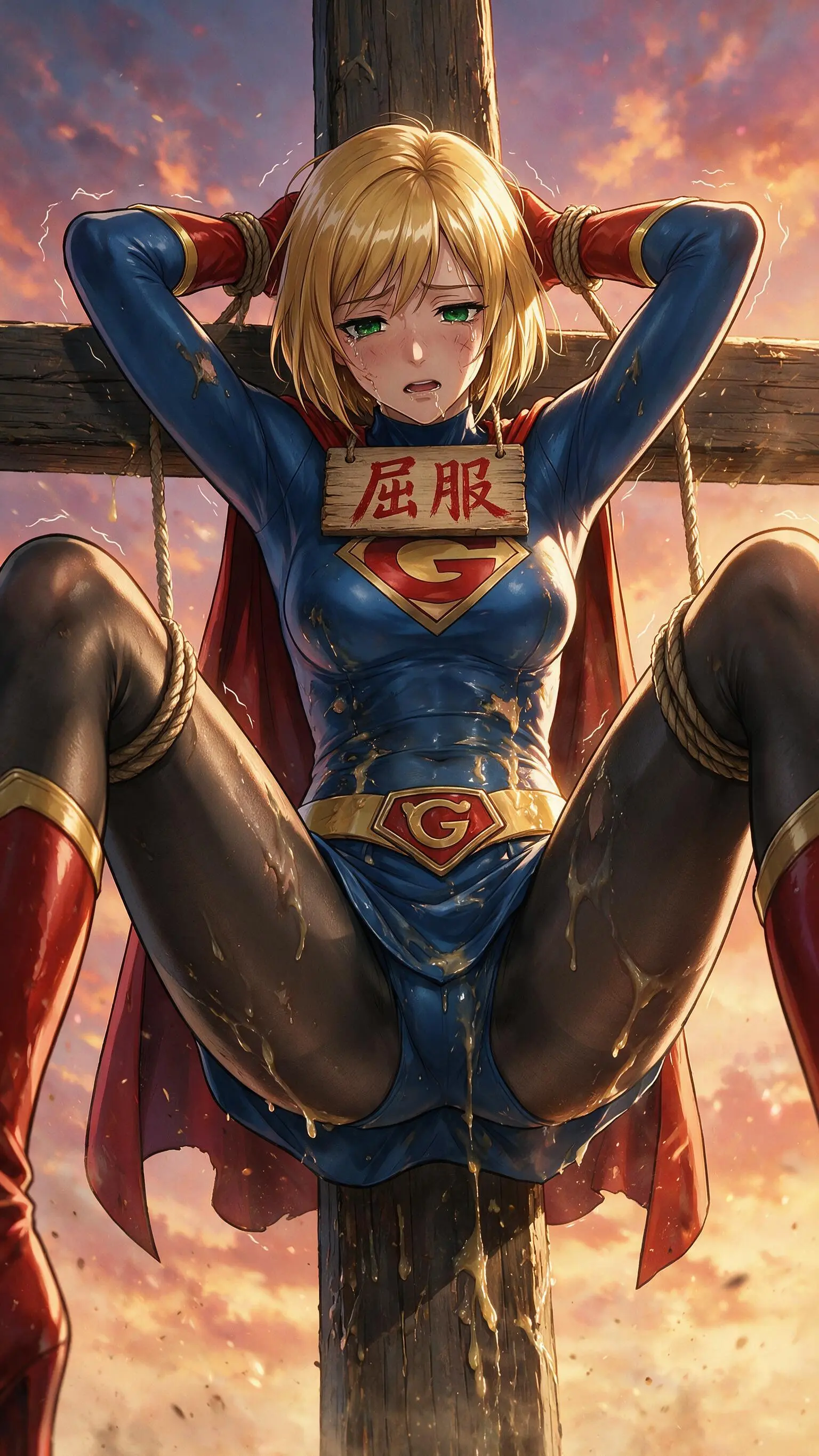 生成一幅充满叙事张力的精美插画，使用例图中的角色。
主体构图：
画面主体是图一角色坐受困的场景。
1.动作：图一角色身体