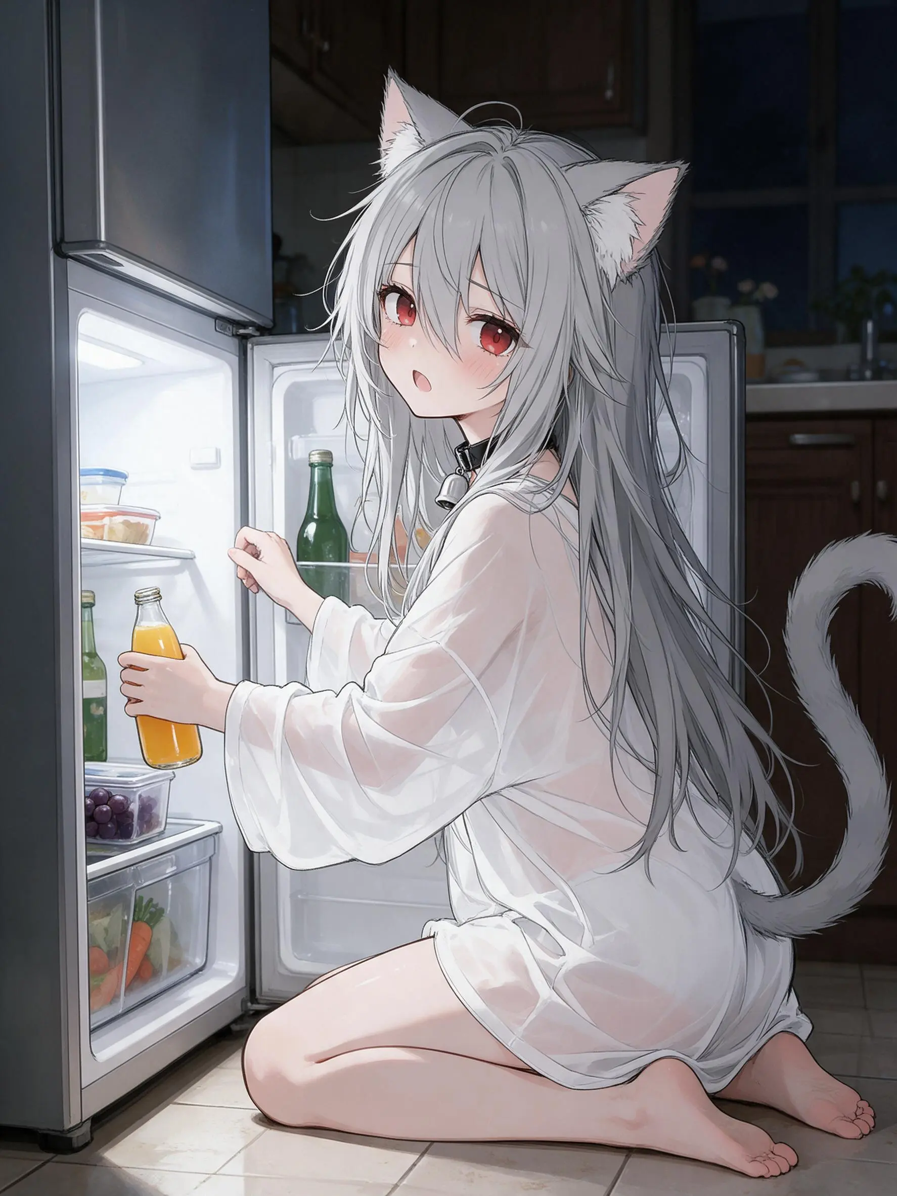 以图中的女孩为角色，她半夜起来翻冰箱找东西的图片，角色跪在地上，打开冰箱下层，并从中拿出一瓶橙汁，鬼鬼祟祟的。角色仅穿着
