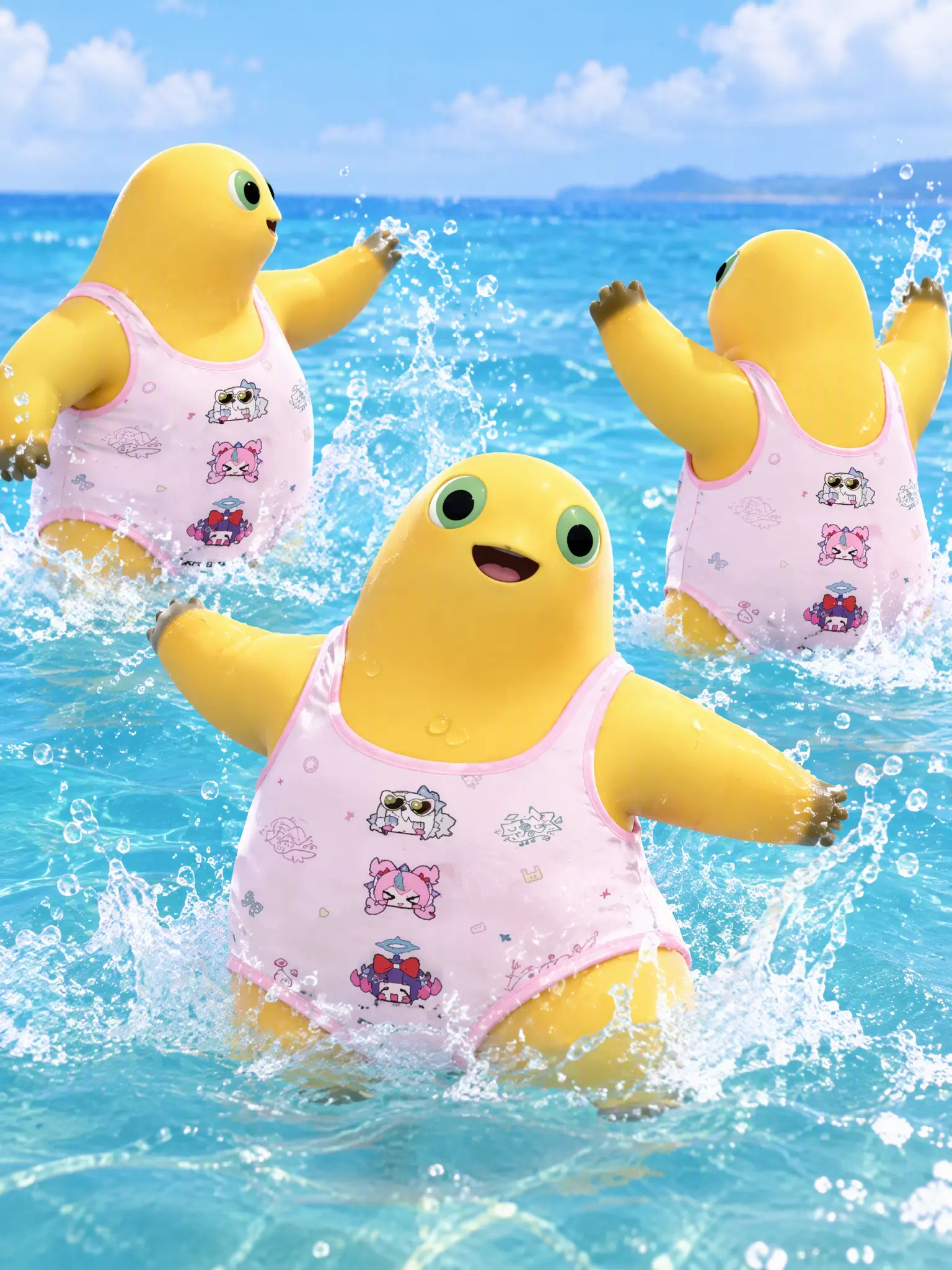 让图1的角色换上图2的衣服在海里玩水