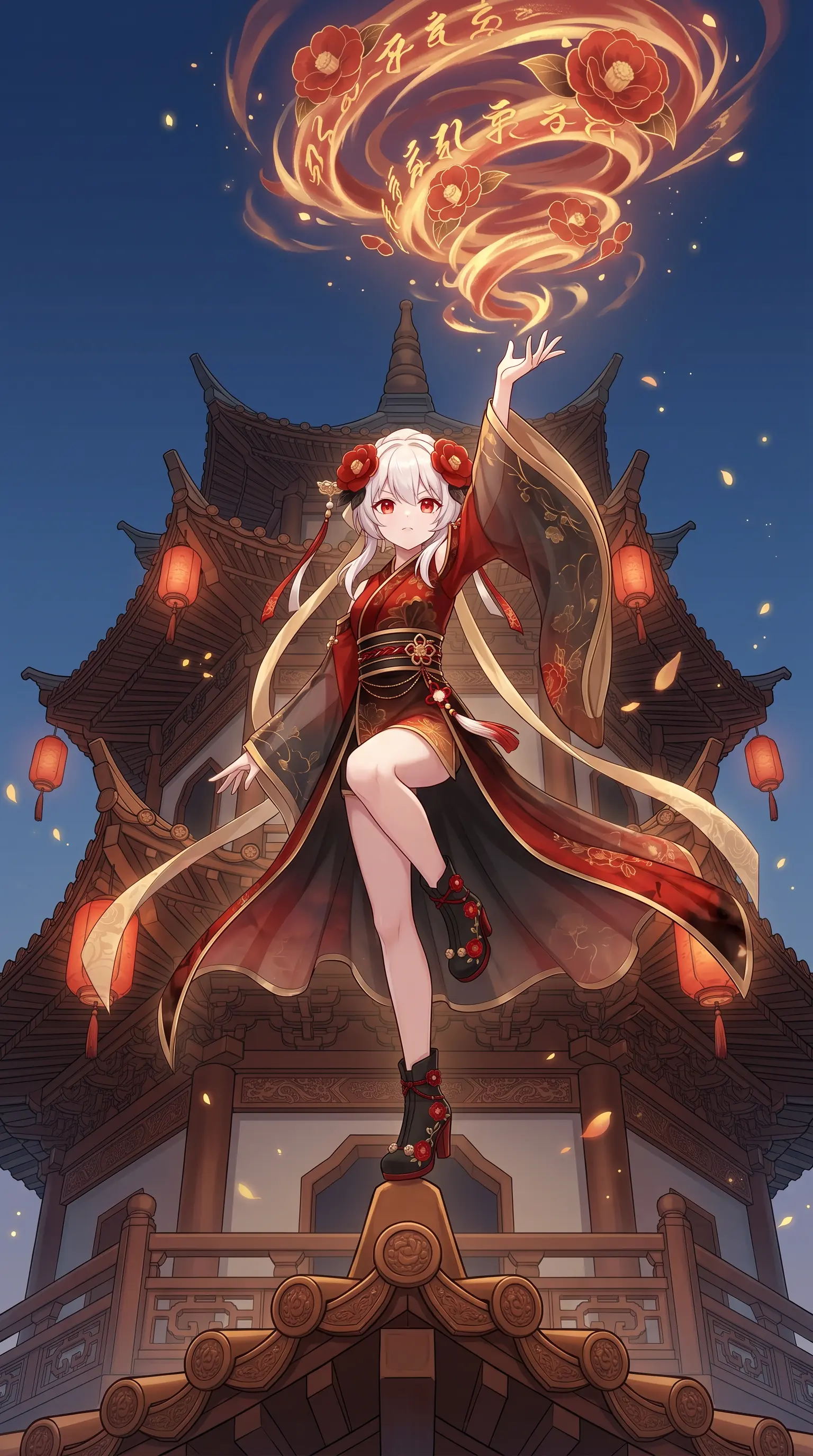 {
"color_scheme": "红黑金为主色调，暖金色魔法光效，冷灰色古建筑背景",
"构图与排版": "低角度正