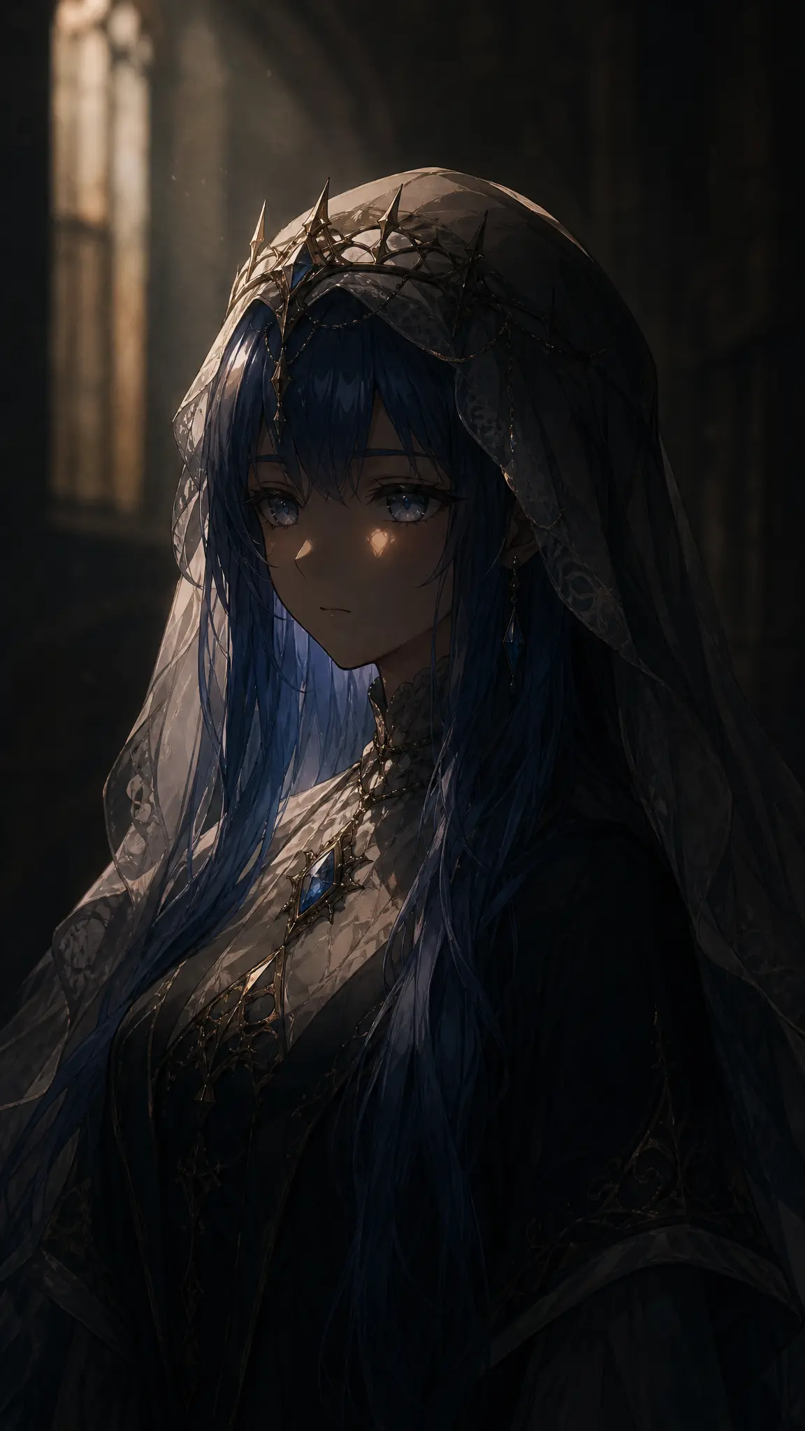 anime gothic nun portrait, Rembrandt portrait lighting, soft