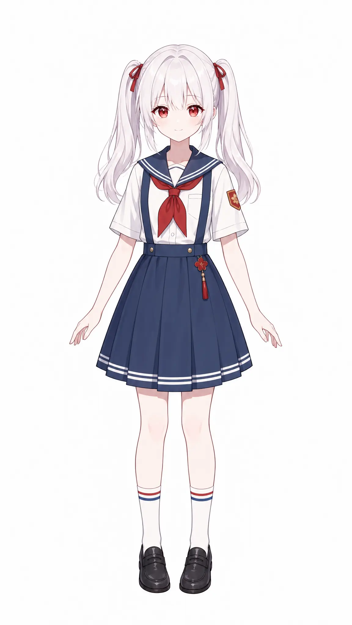 参考图二服装设计，为图一角色设计一套日常系新服装，仅正面。保持图一角色发型 发色 瞳色体型不变。不要使用相同的发饰，带着