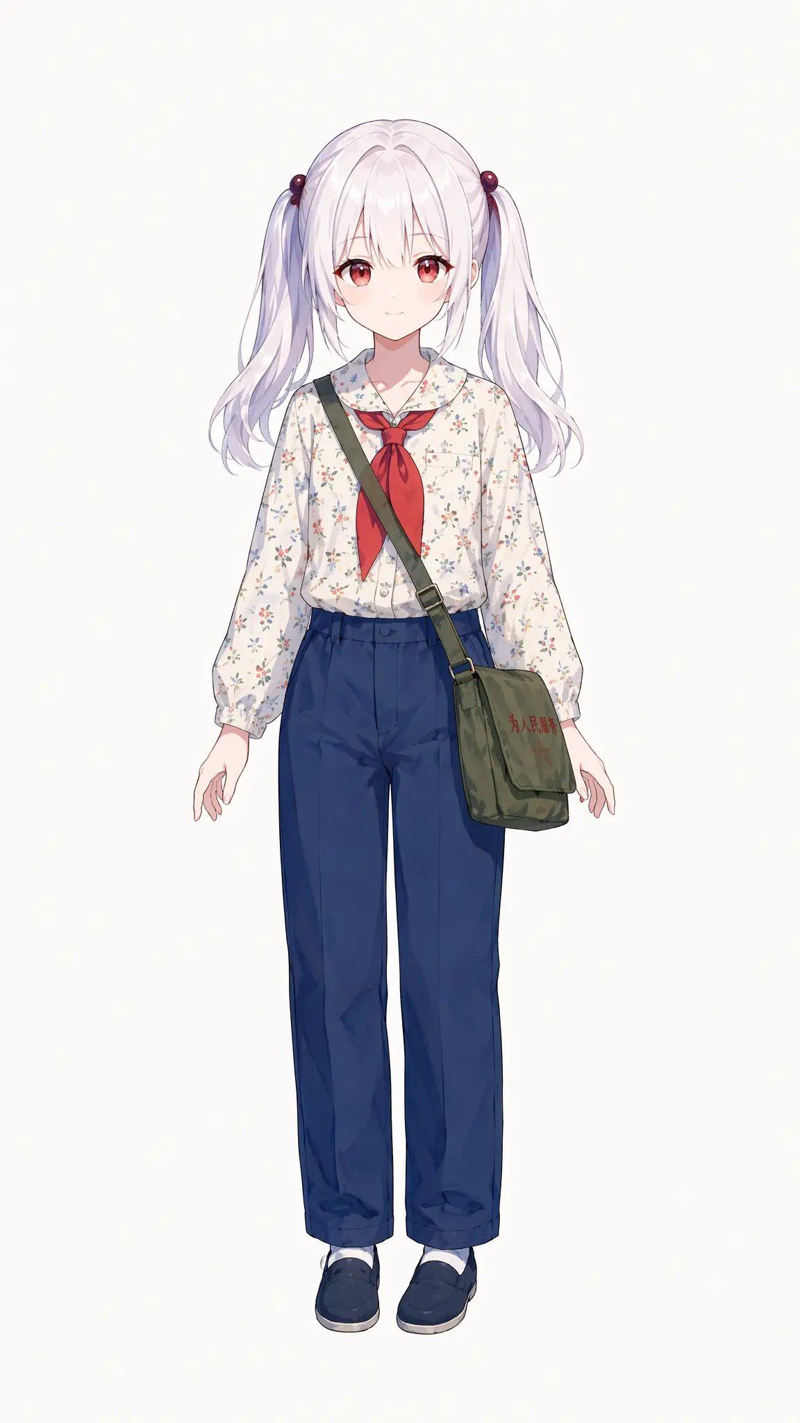 为图一角色设计一套70年代中国学生穿的衣服- 经典搭配：碎花圆领白衬衫 + 蓝色长裤/简式蓝布裙、黑布鞋/解放鞋，斜挎军