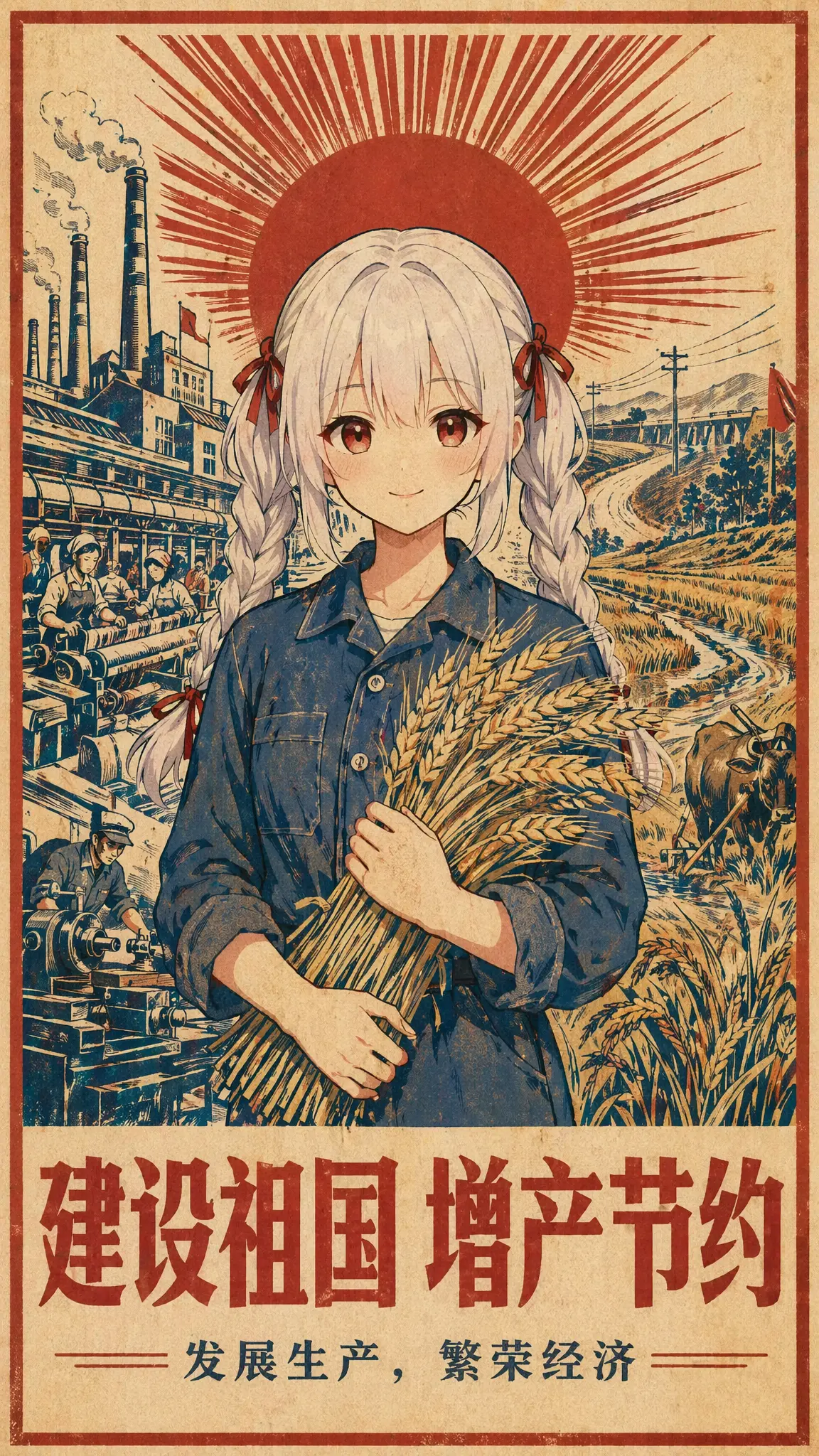【画面主题】
五十年代新中国建设宣传海报，主题为“建设祖国 增产节约”。画面整体采用正红、米黄、深靛蓝三色为主调，呈现复