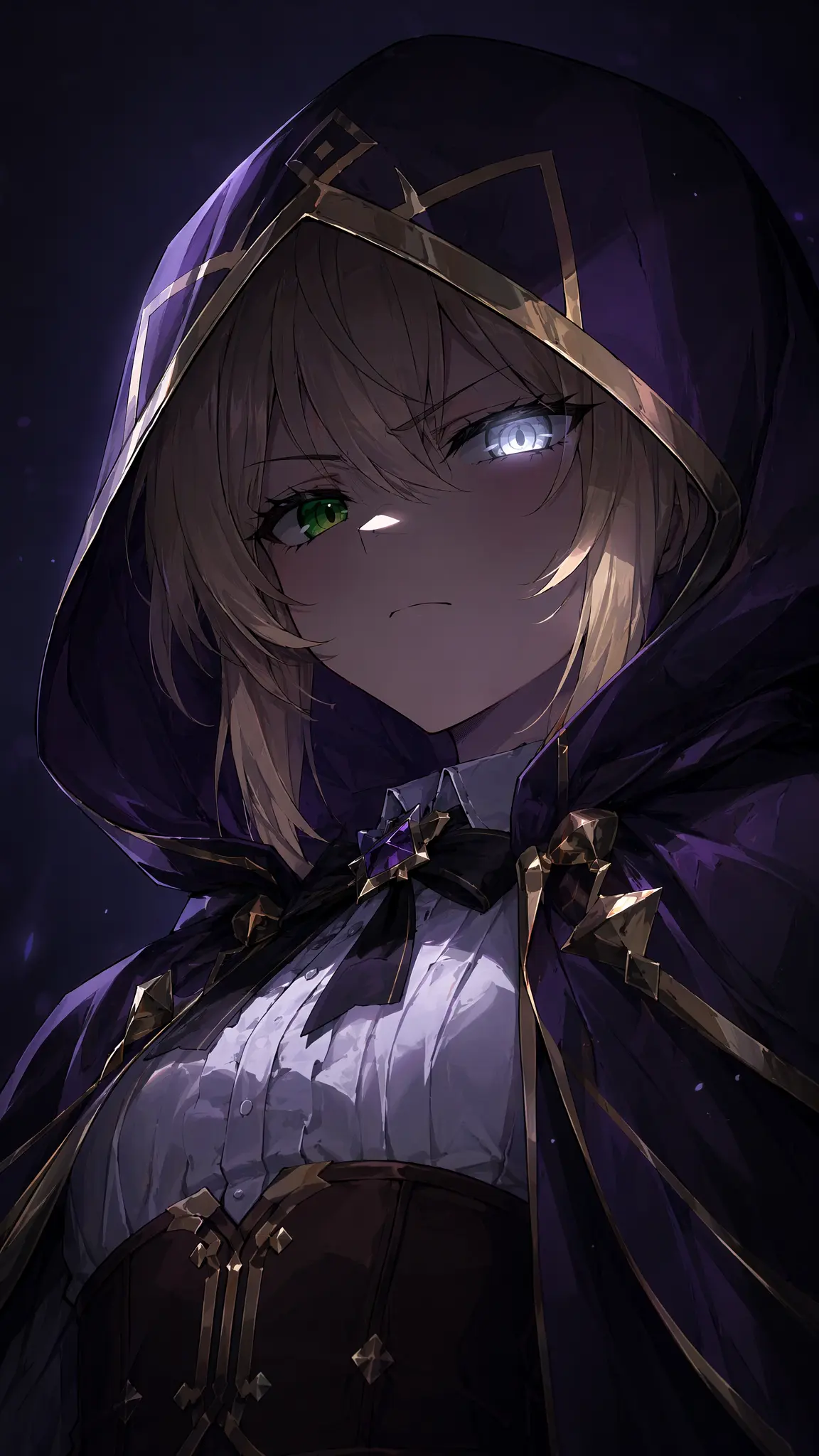 {
  "画面描述": "仰拍视角，脸部近距离特写，少女整体被深紫色金边兜帽罩住，马尾辫完全收在兜帽内不外露，面色阴沉神