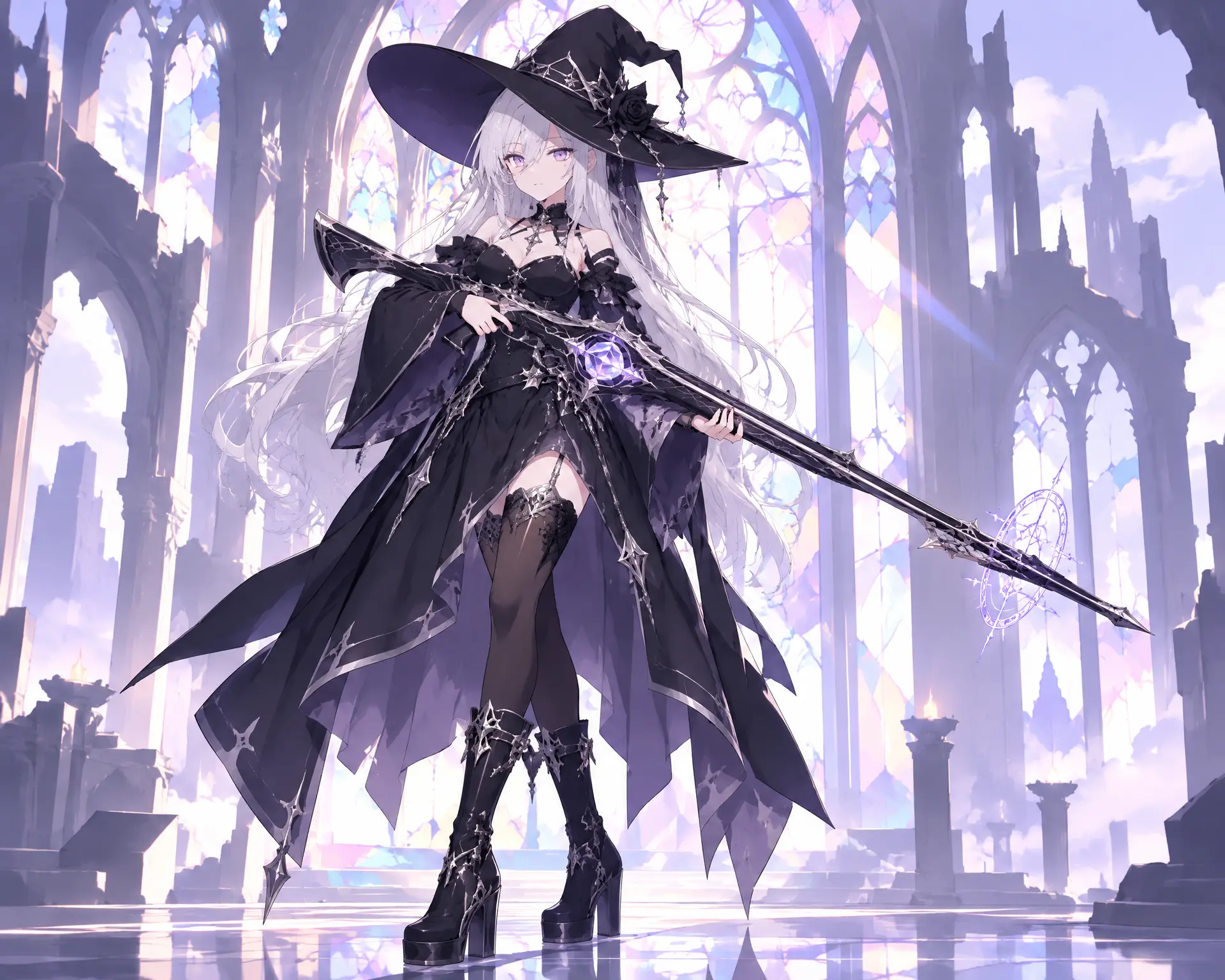 anime girl in a ruined stained-glass cathedral, silver-white