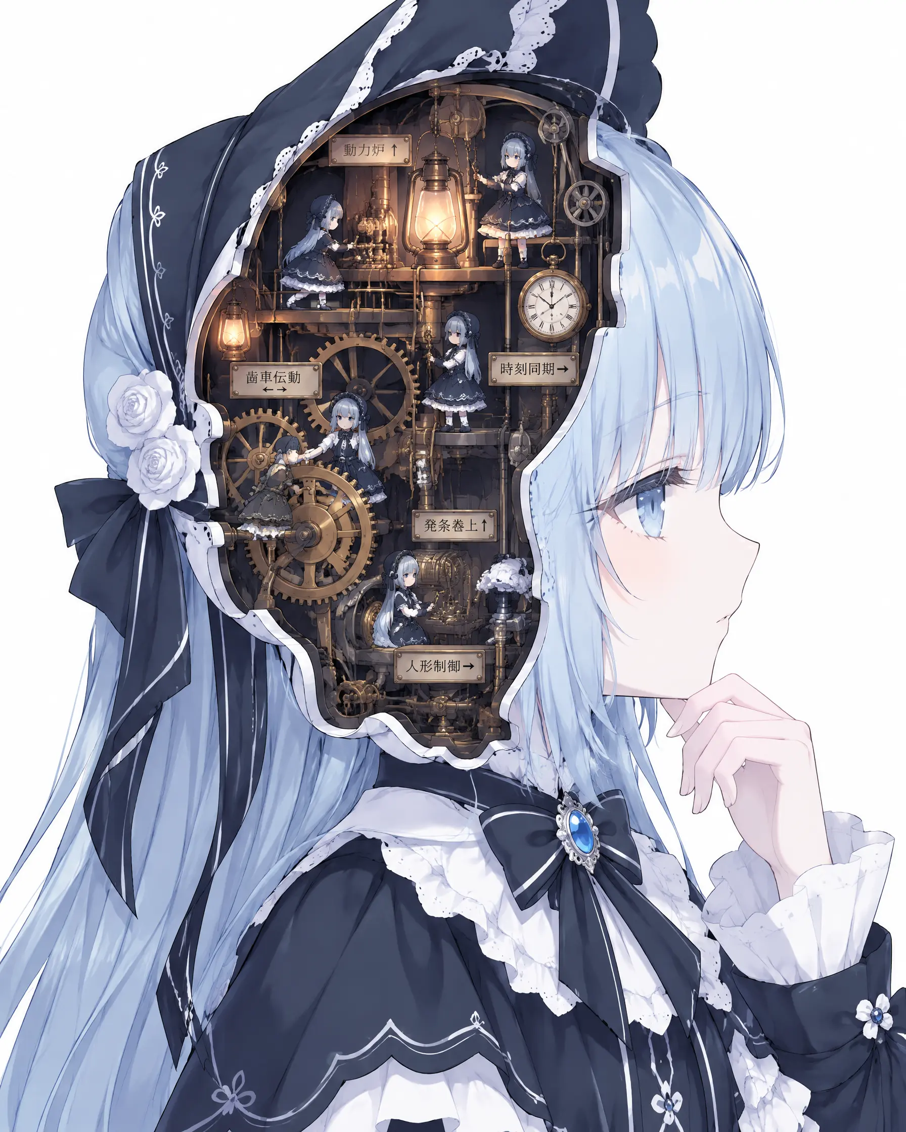 gi2
主体：少女侧脸，手轻抵下颌，神态沉静淡漠，头部一侧外壳剖开，内部是精密蒸汽朋克机械空腔，空腔内分布大量微型少女人