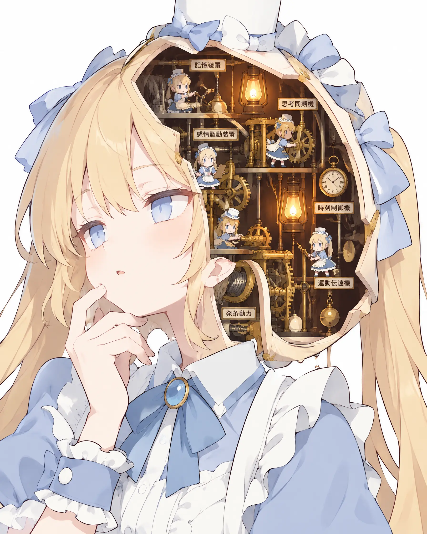 主体：少女侧脸，手轻抵下颌，神态呆滞放空，眼神涣散，懵懂迟钝，头部一侧外壳剖开，内部是精密蒸汽朋克机械空腔，空腔内分布大