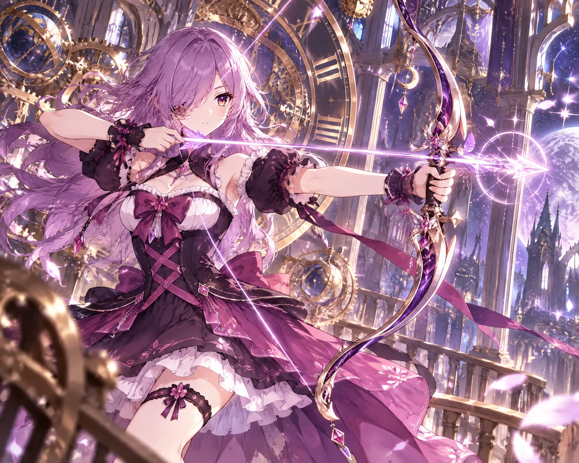 anime archer girl inside a celestial clock tower, silver-lav