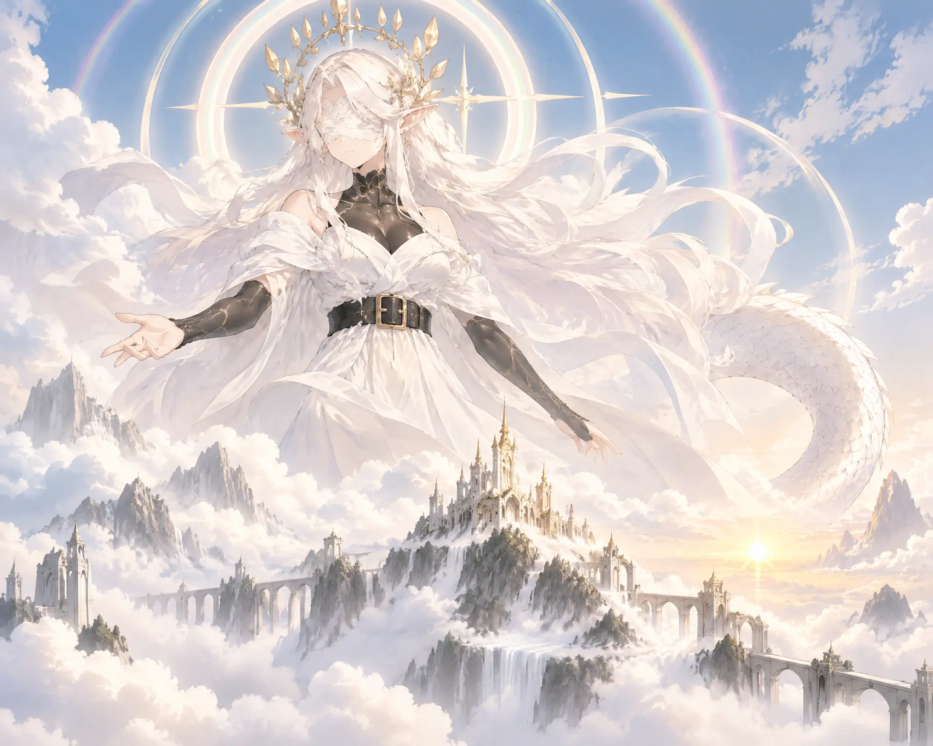 少女巨大神圣虚影投射于云层之上，虚影环绕荣光光晕，薄雾中浮动柔和彩虹环，云海之上旭日初升，缥缈圣洁的神山意境，轮廓清晰分