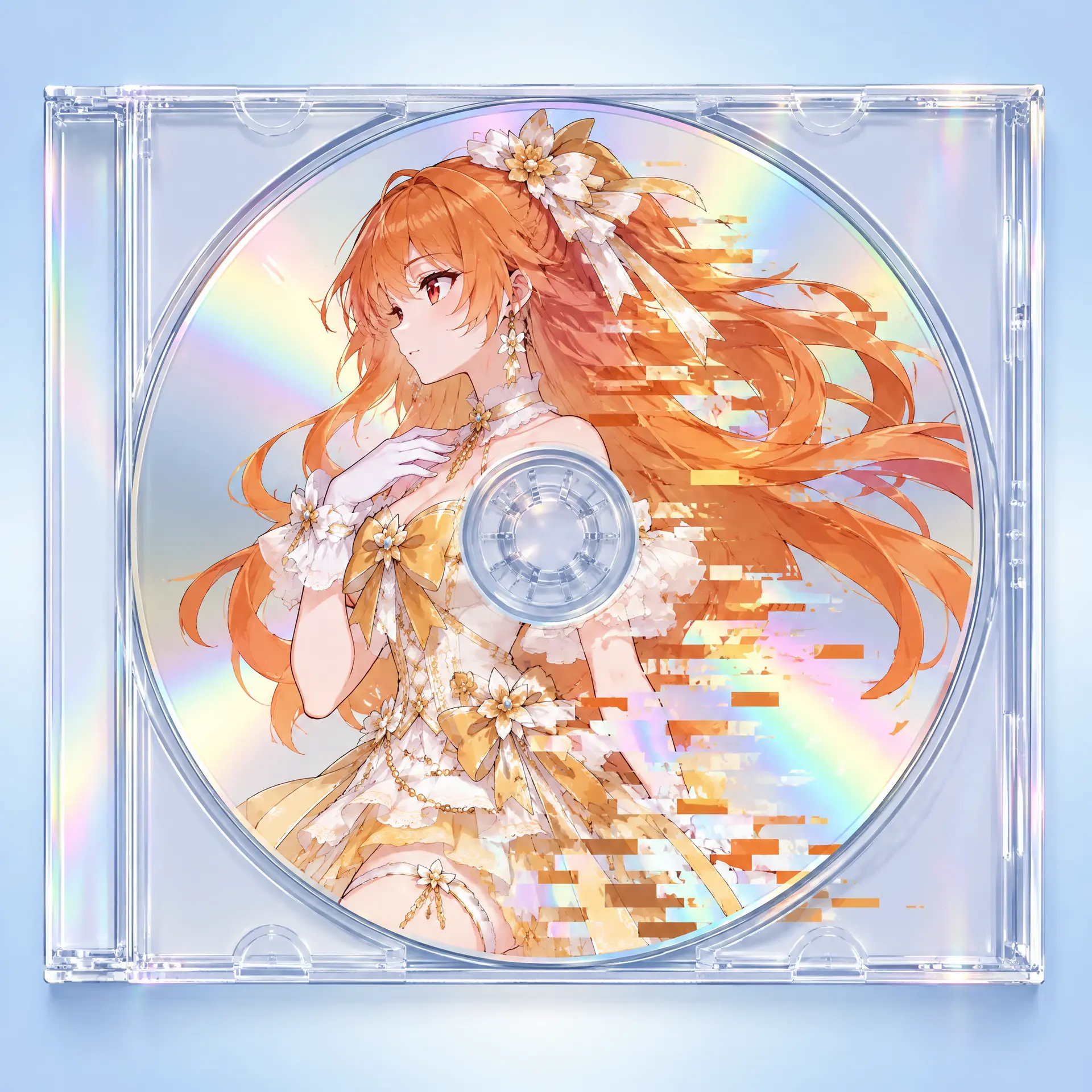 宝石盒（jewel case）中的 CD 盘，盘面上印有图中角色的艺术图案。角色的人物形象印在 CD 表面，保留角色原本