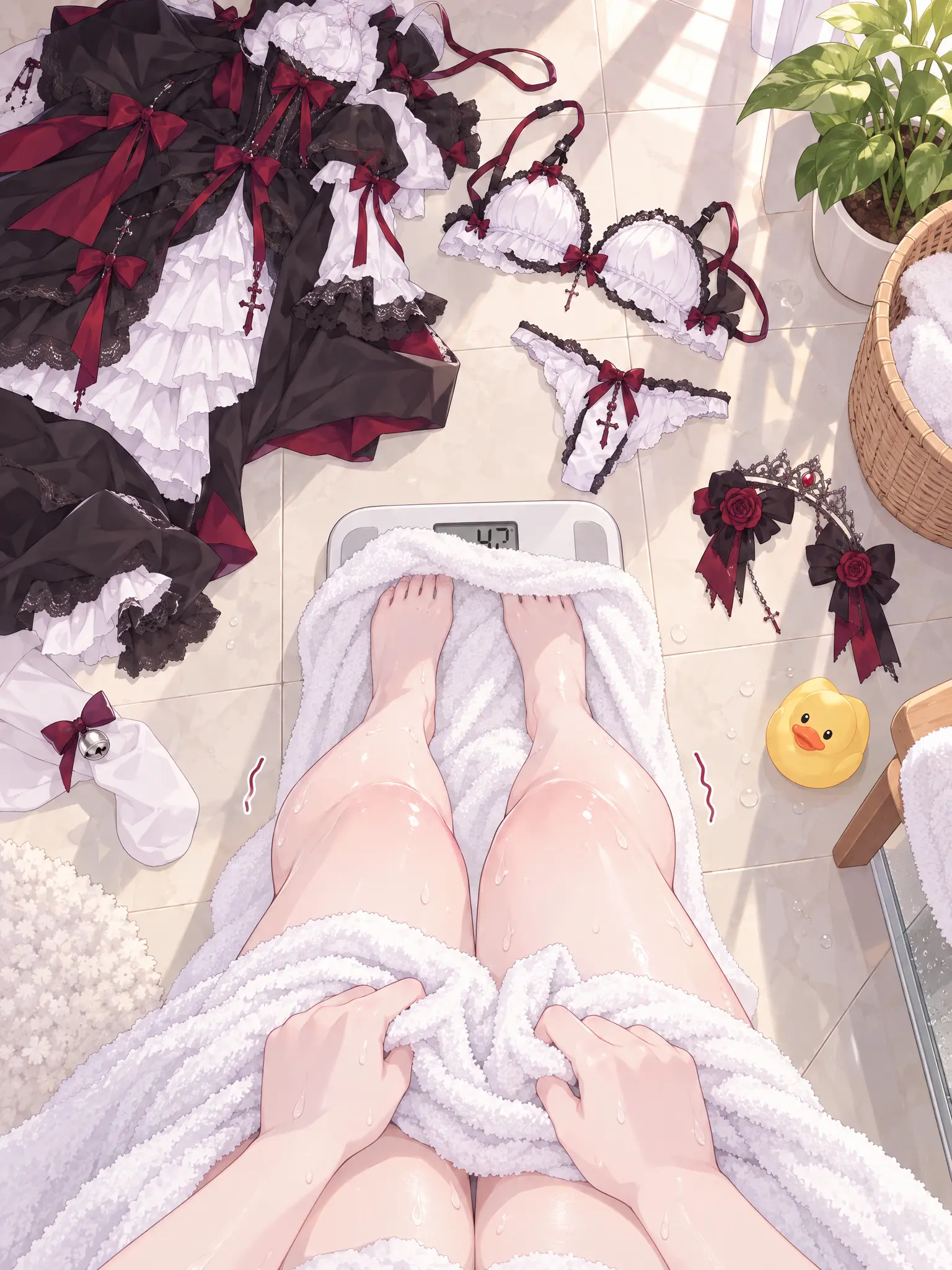 主体：第一人称视角，画面呈现人物双腿站在电子体重秤上，双脚踩在秤面，秤面显示的数字被落到地面的浴巾遮住一半，双手攥住盖在