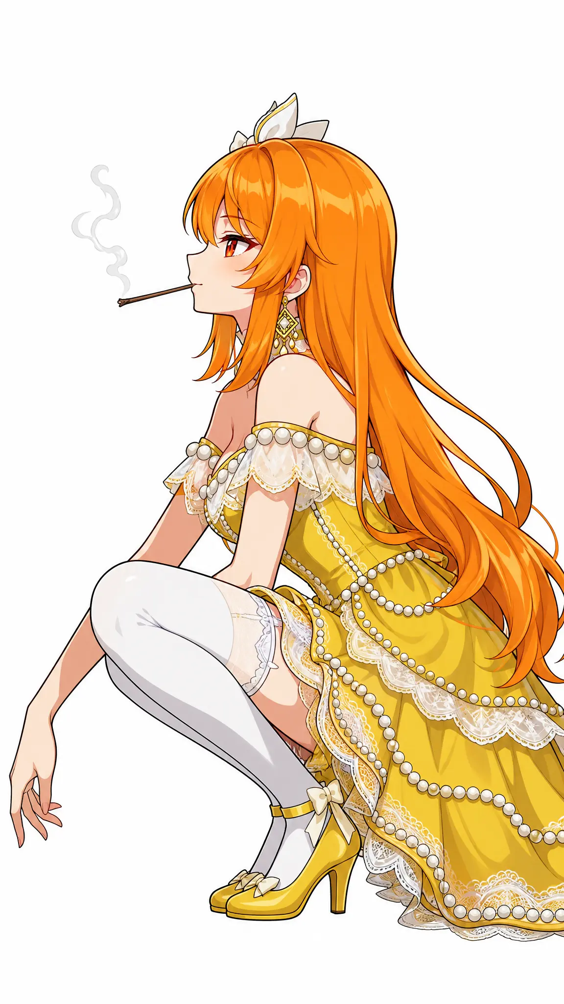 主体
 
角色全蹲姿态，身体侧转呈现侧面轮廓，一只手向下伸向地面，口中叼着木棍，木棍一头冒着烟，神态松弛淡然，肢体舒展，