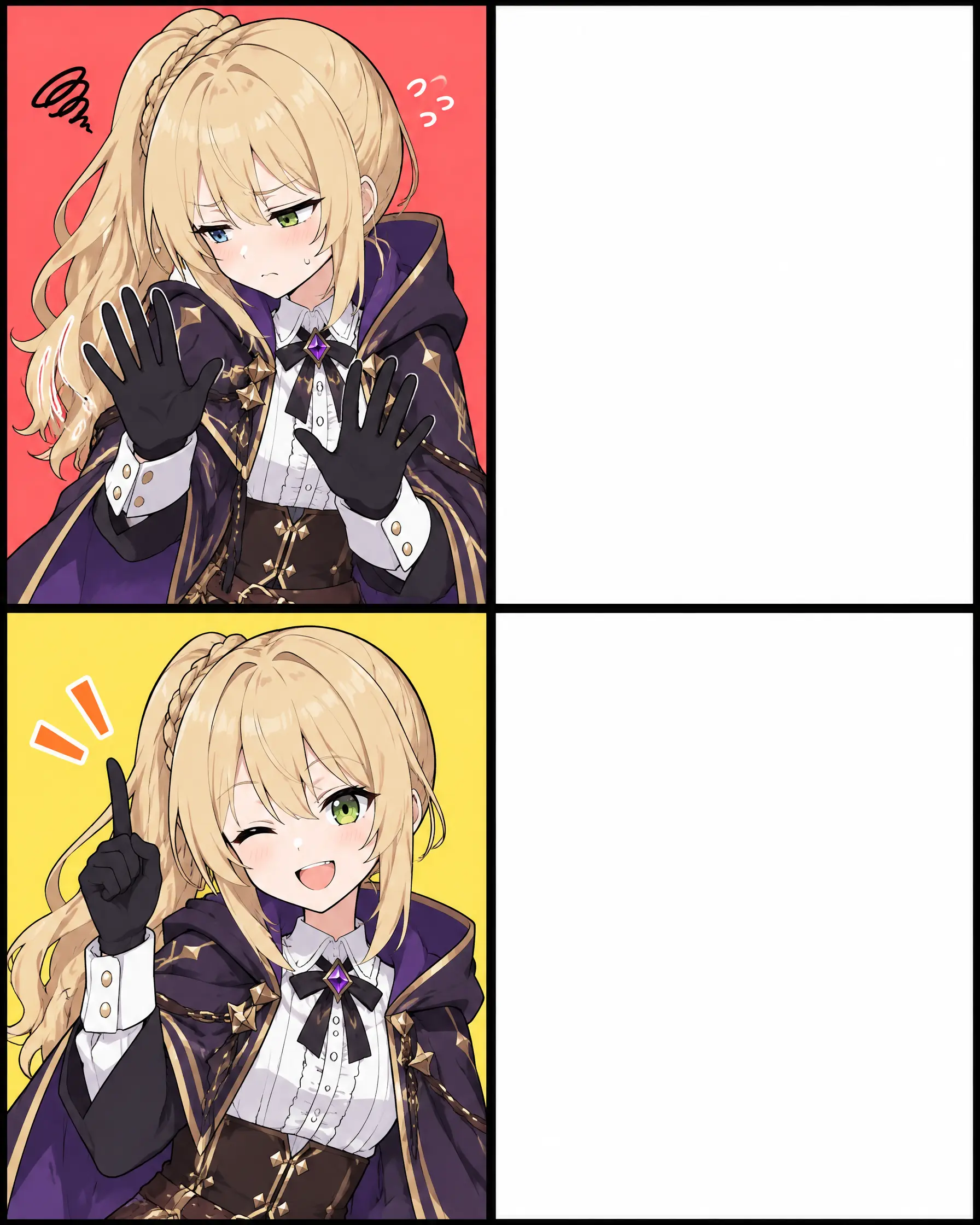 比例4:5
主体：单人角色，2×2四格漫画分镜，drakeposting (meme)，左上格角色做出no (gestu