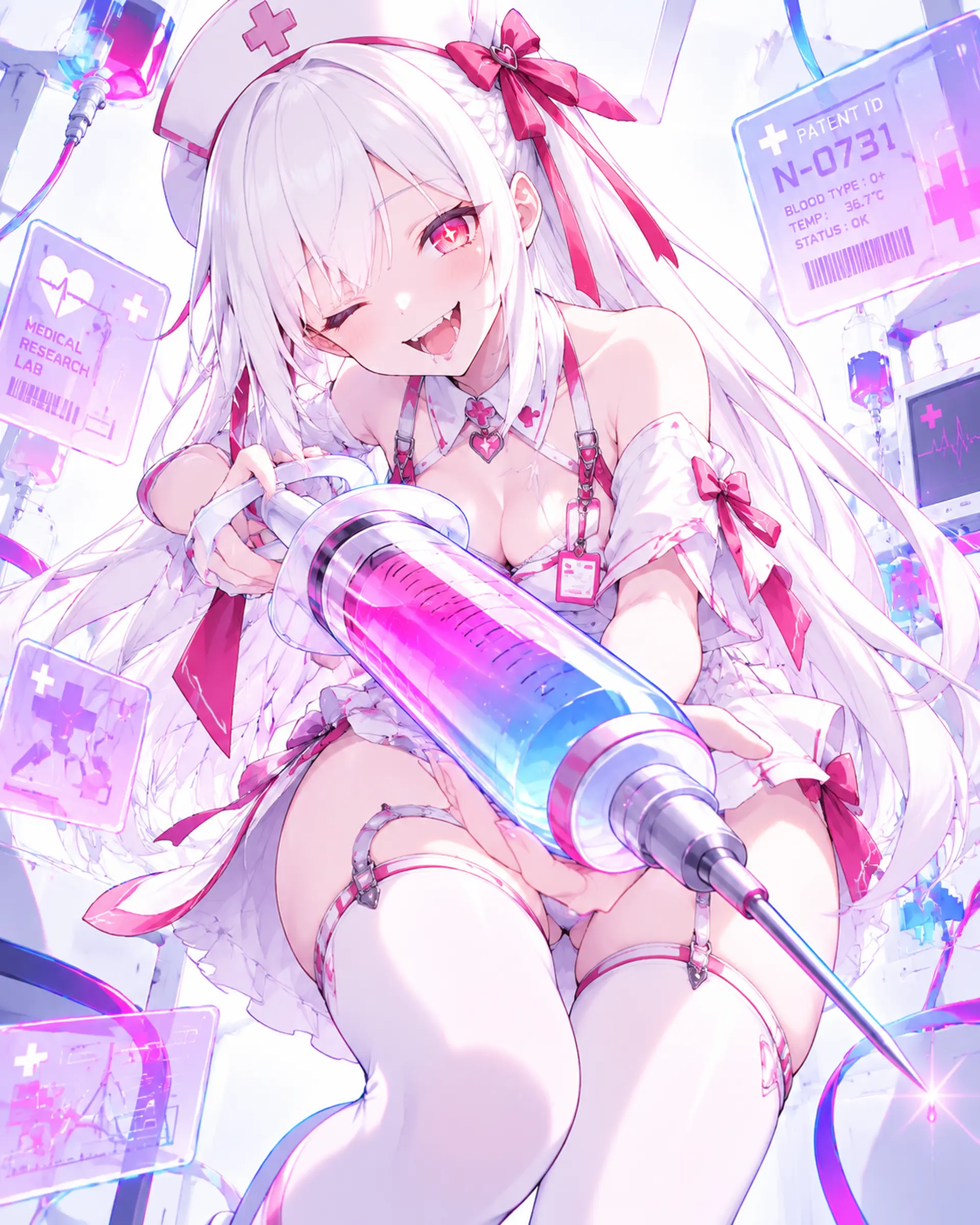 角色衣服换成白色为主体粉色包边的护士服，吊带白丝袜。头饰改成护士帽
前倾身体，微微歪头，单眼眨动，另一眼亮着赤红高光，咧