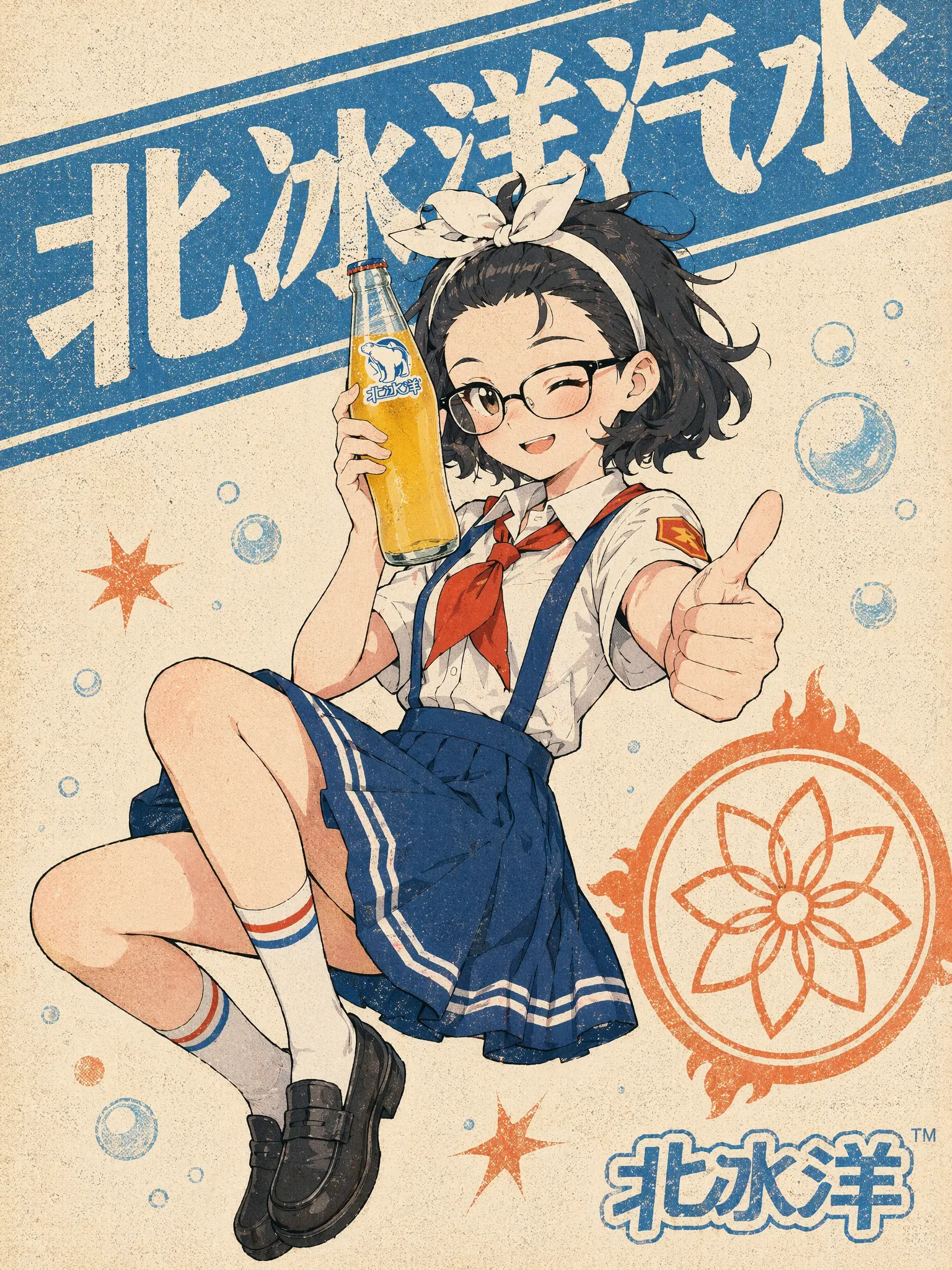 【整体风格】
竖版海报，半厚涂结合凸版印刷质感，全彩。画面整体采用天蓝、米白、橙红三色为主调，呈现出1970年代印刷海报