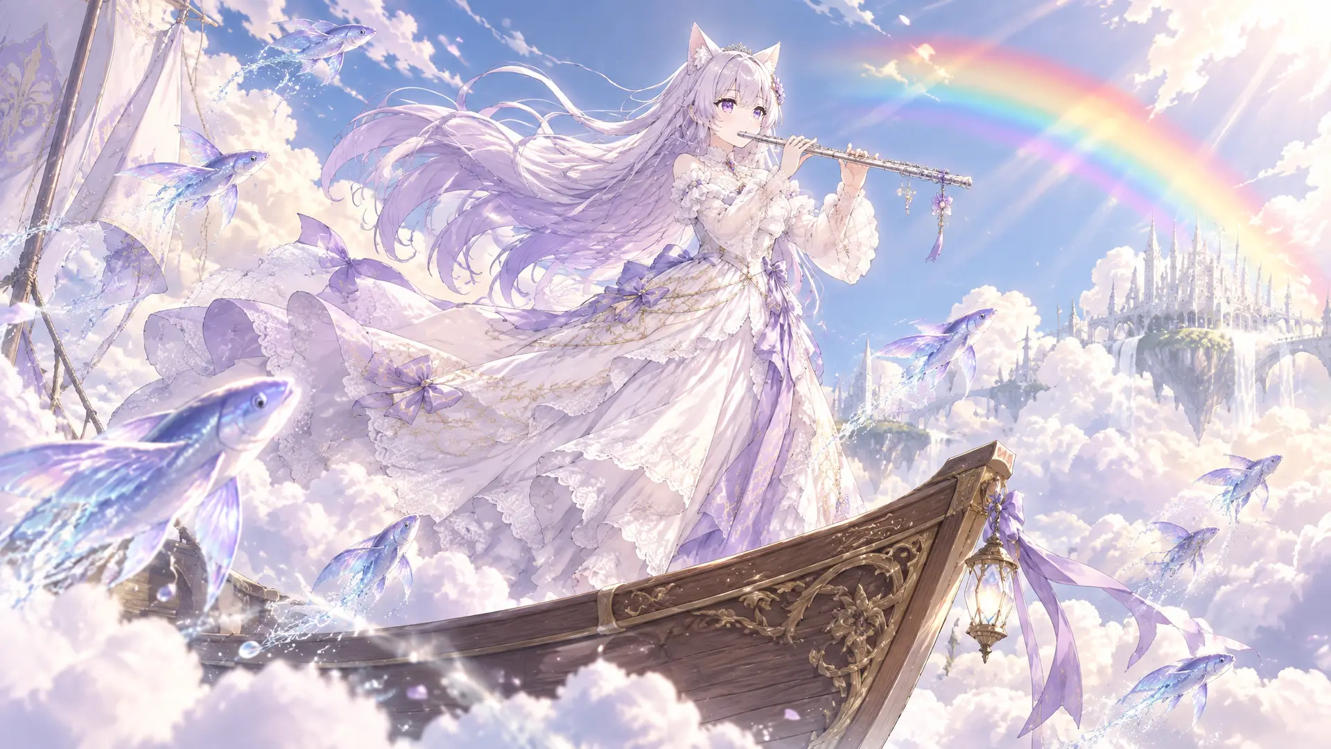 视角：侧视图全景，稍微仰视（凸显她站在船头吹笛子的神圣感与彩虹的宏伟）。
动作与姿态：

· 她站在木质小船的前端，身姿