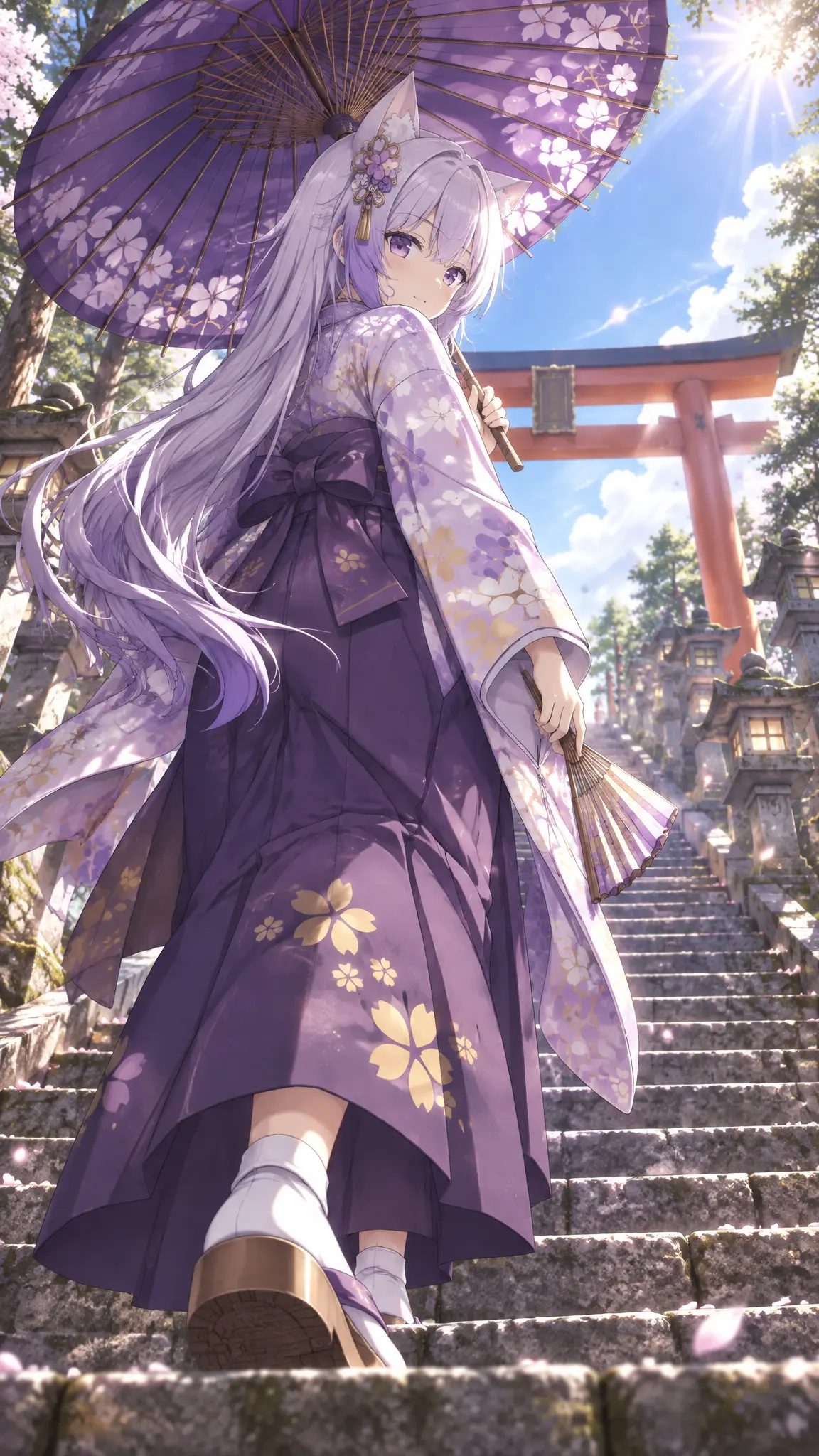 视角：低角度仰拍。镜头位于台阶下方。
动作与姿态：

· 她正沿着神社的石阶向上走，但在半途停下。身体保持正对台阶（背对