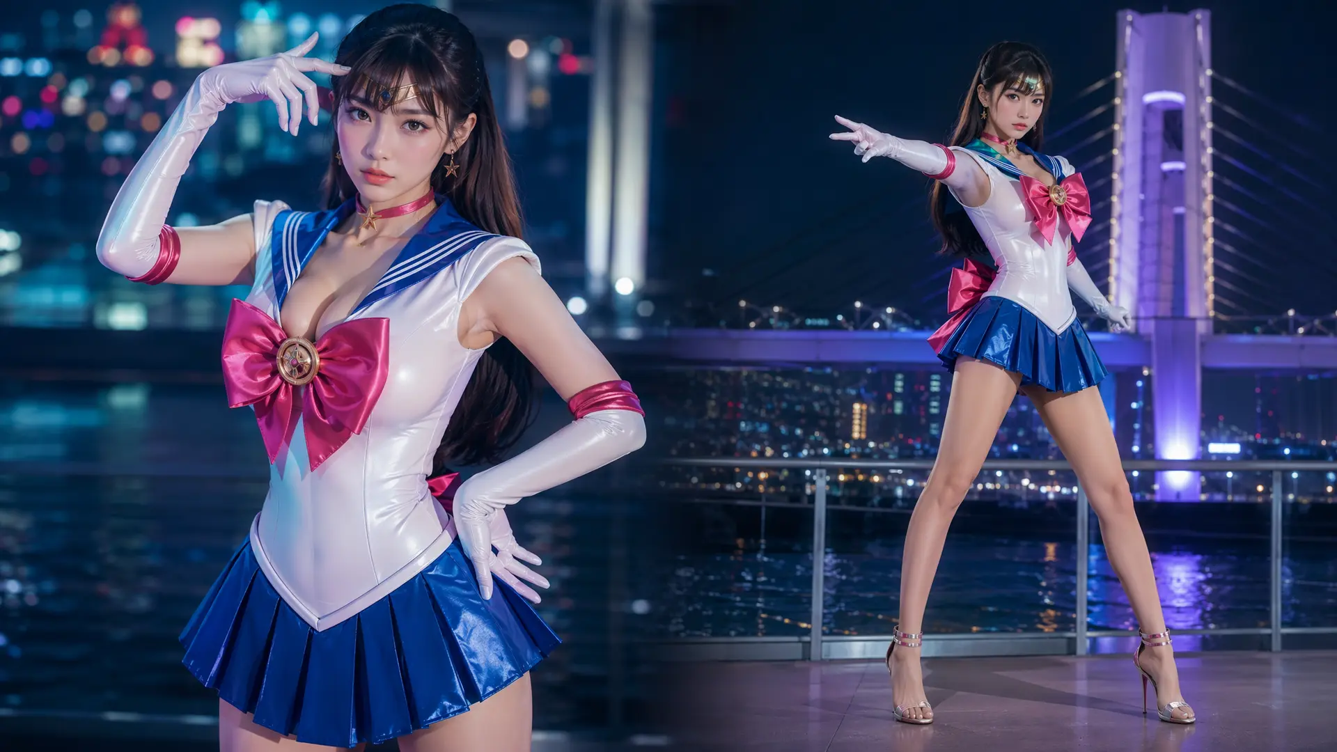 真人美女，美少女战士水手服，衣领、百褶超短裙、蝴蝶结、高跟凉鞋、手套、
skin tight, impossible c
