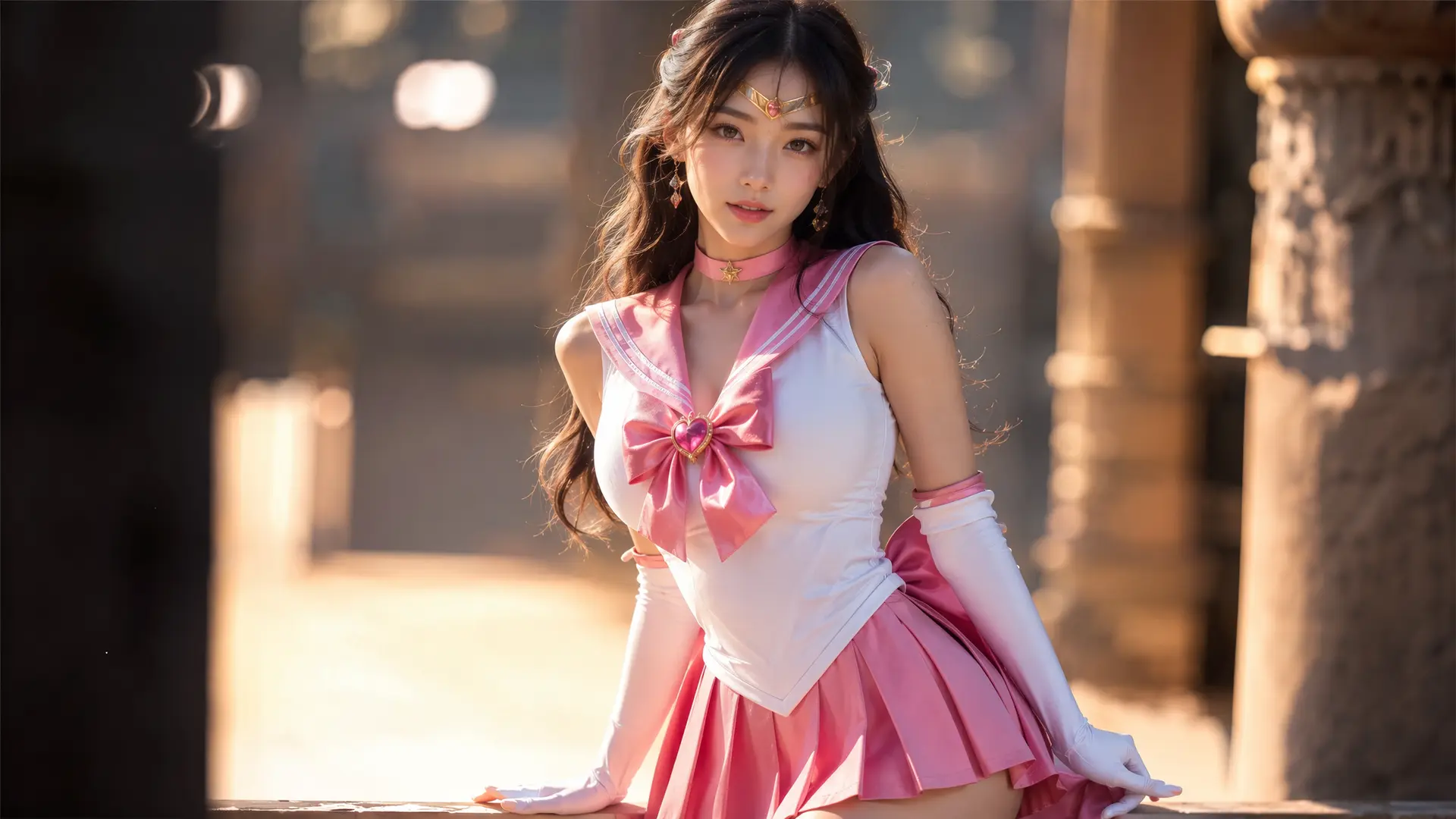 真人美女，美少女战士水手服，衣领、百褶超短裙、蝴蝶结、高跟凉鞋、手套、
skin tight, impossible c