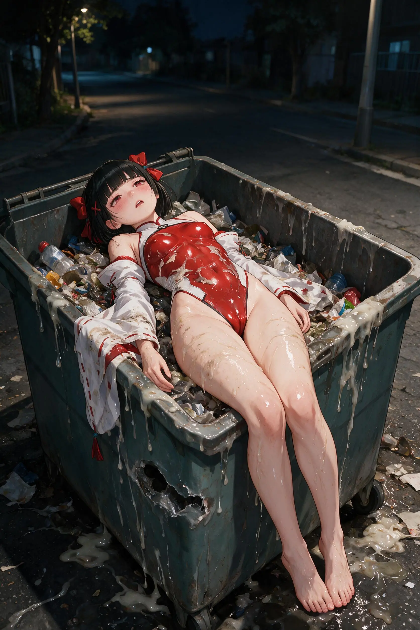 场景垃圾箱。垃圾箱里装满垃圾（不要空），垃圾箱和周围洒满了大量的黏糊糊的白浊粘液和透明液体。垃圾箱侧面有一处洼陷，证明是