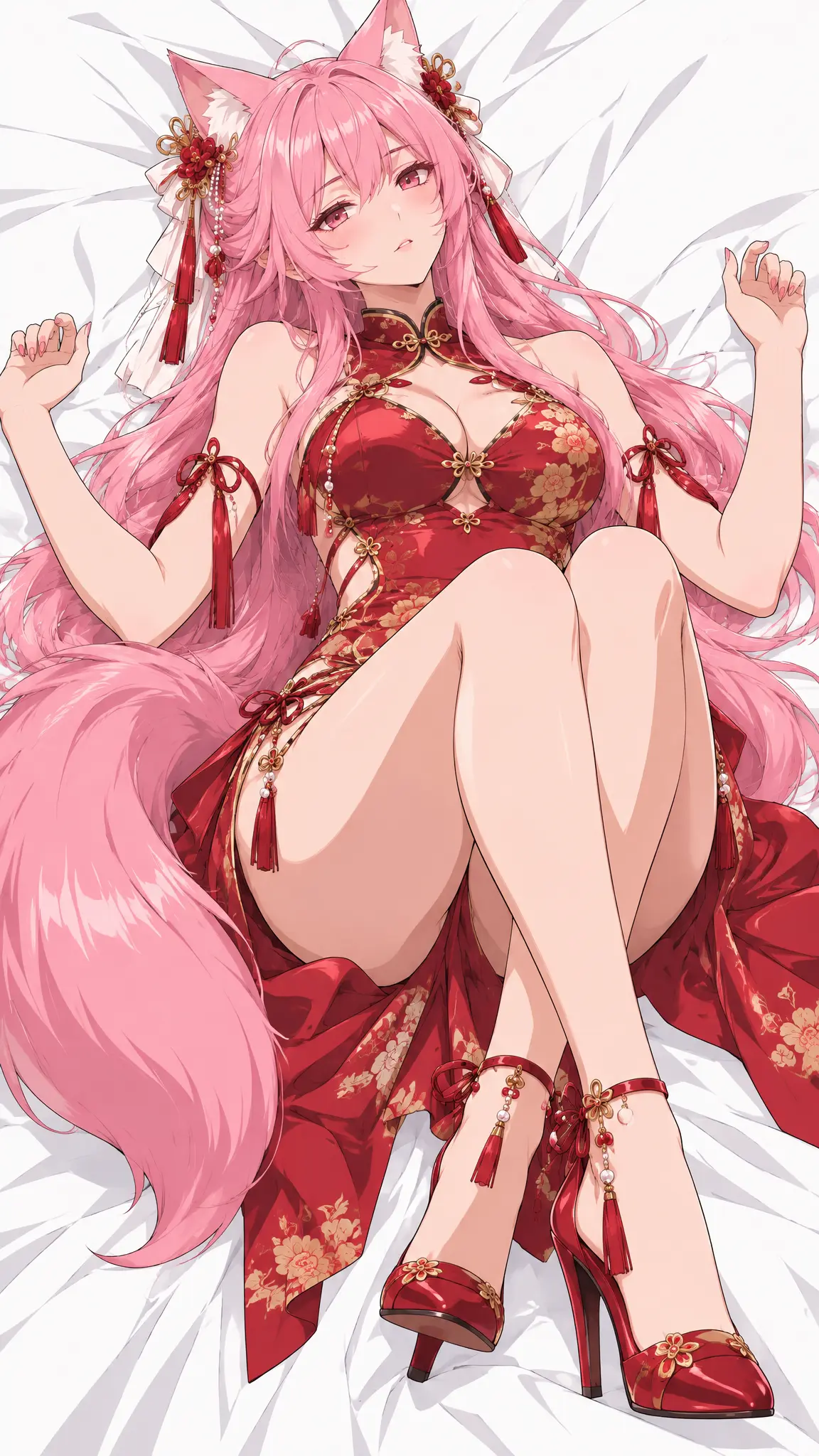 ## 主体

单人角色，仰卧躺卧姿态，双腿屈膝并拢抬起，双臂自然向两侧摊开，头部微微后仰，眼神慵懒松弛，平静淡然的神态。