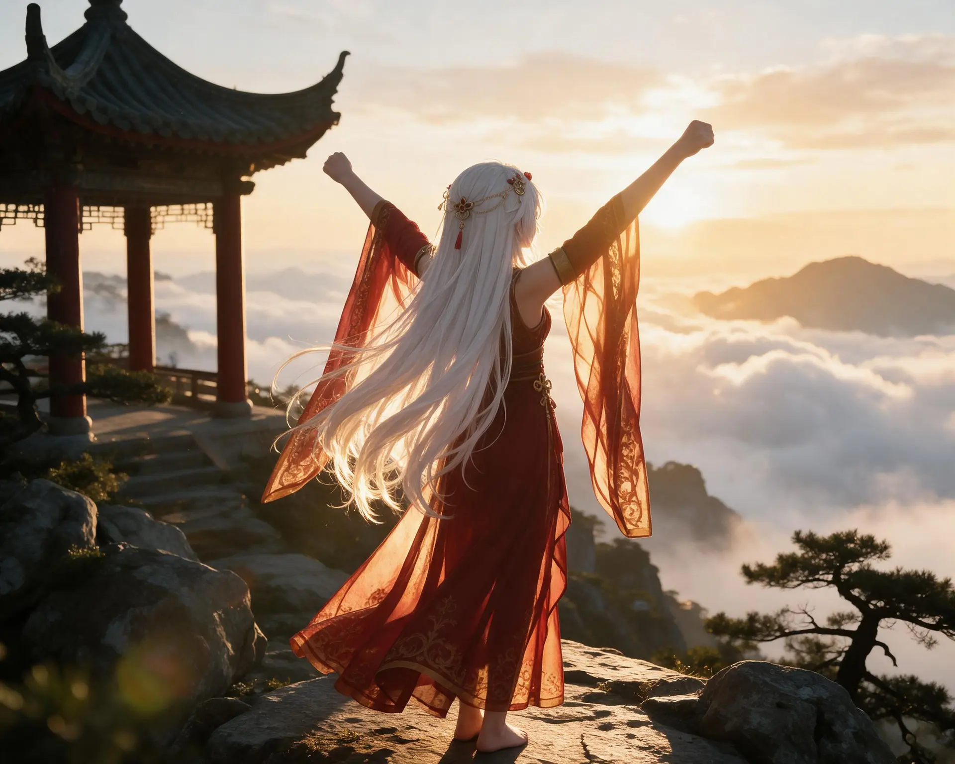 中式修仙世界,山顶,角色在亭子前，清晨黄金时刻，逆光拍摄，背向镜头，少女伸懒腰的剪影，身形轮廓清晰，天际线被晨光照亮，光